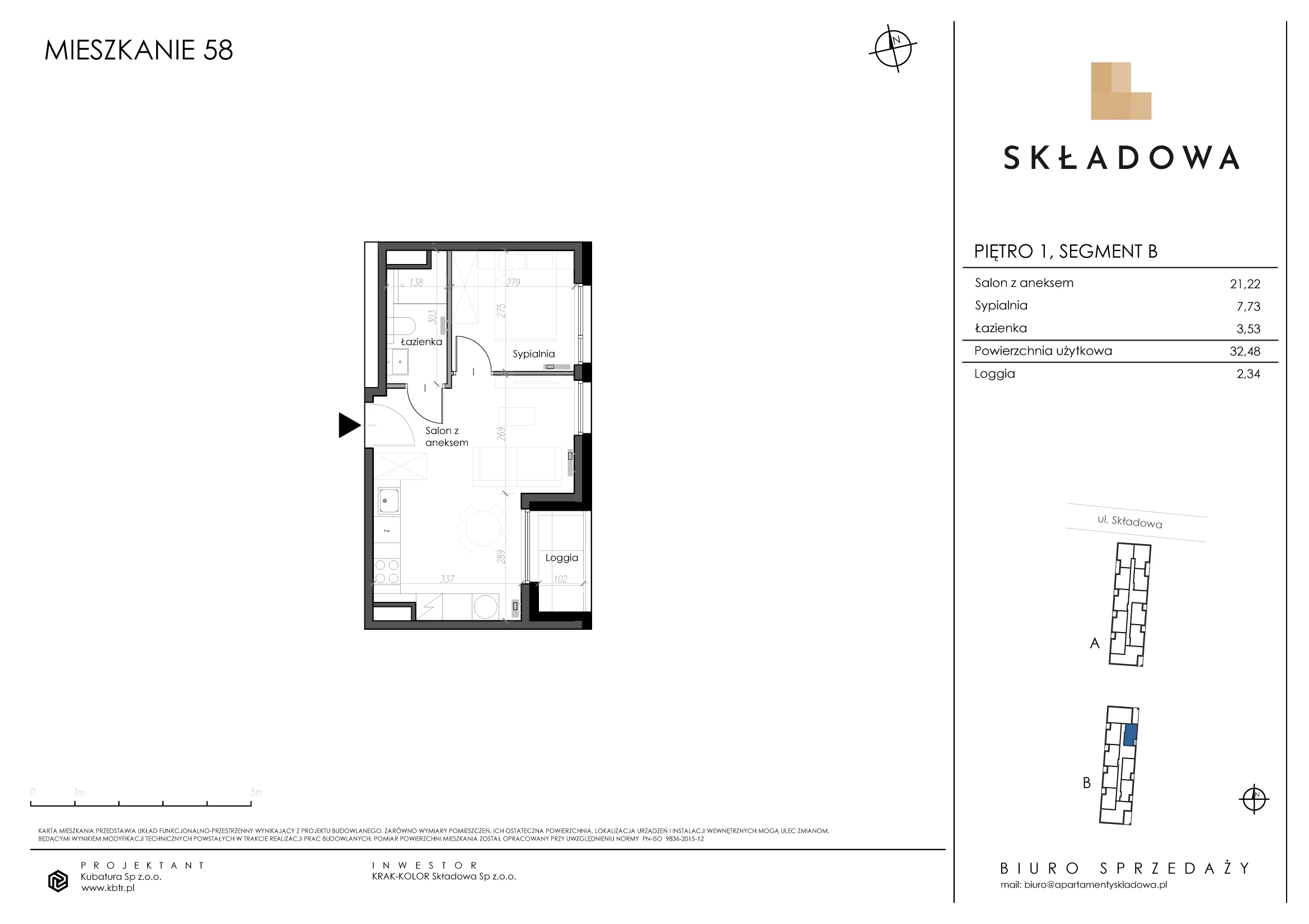 2 pokoje, mieszkanie 32,48 m², piętro 1, oferta nr B58, Apartamenty Składowa, Kraków, Krowodrza, ul. Składowa 22