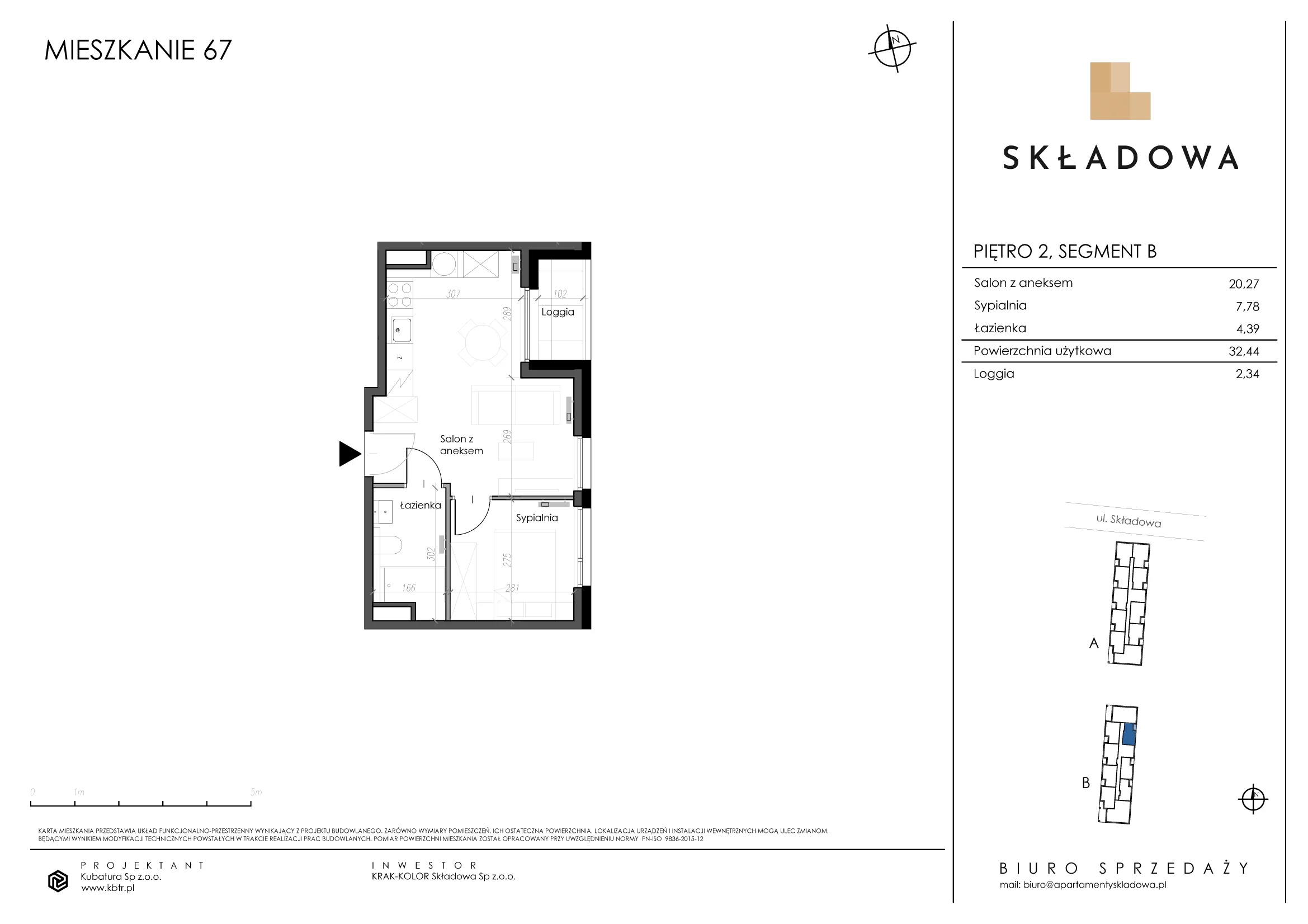 Mieszkanie 32,44 m², piętro 2, oferta nr B67, Apartamenty Składowa, Kraków, Krowodrza, ul. Składowa 22