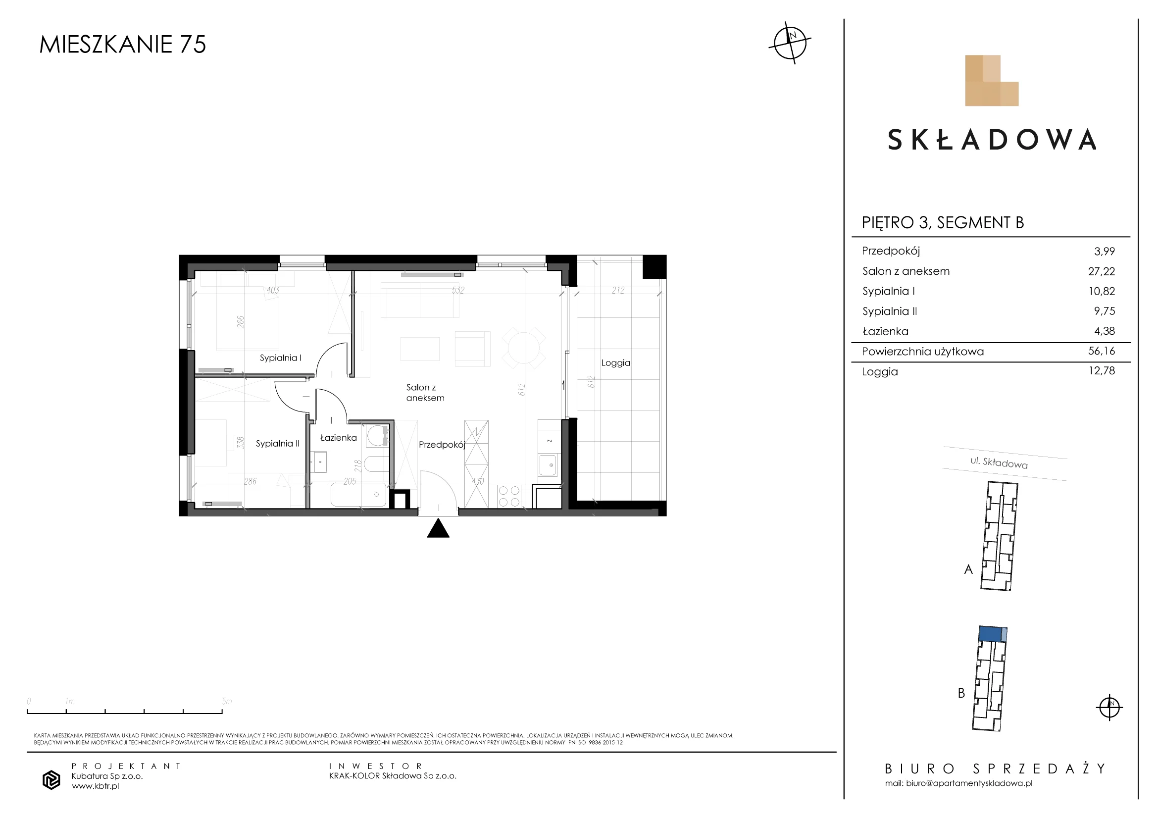 Mieszkanie 56,16 m², piętro 3, oferta nr B75, Apartamenty Składowa, Kraków, Krowodrza, ul. Składowa 22