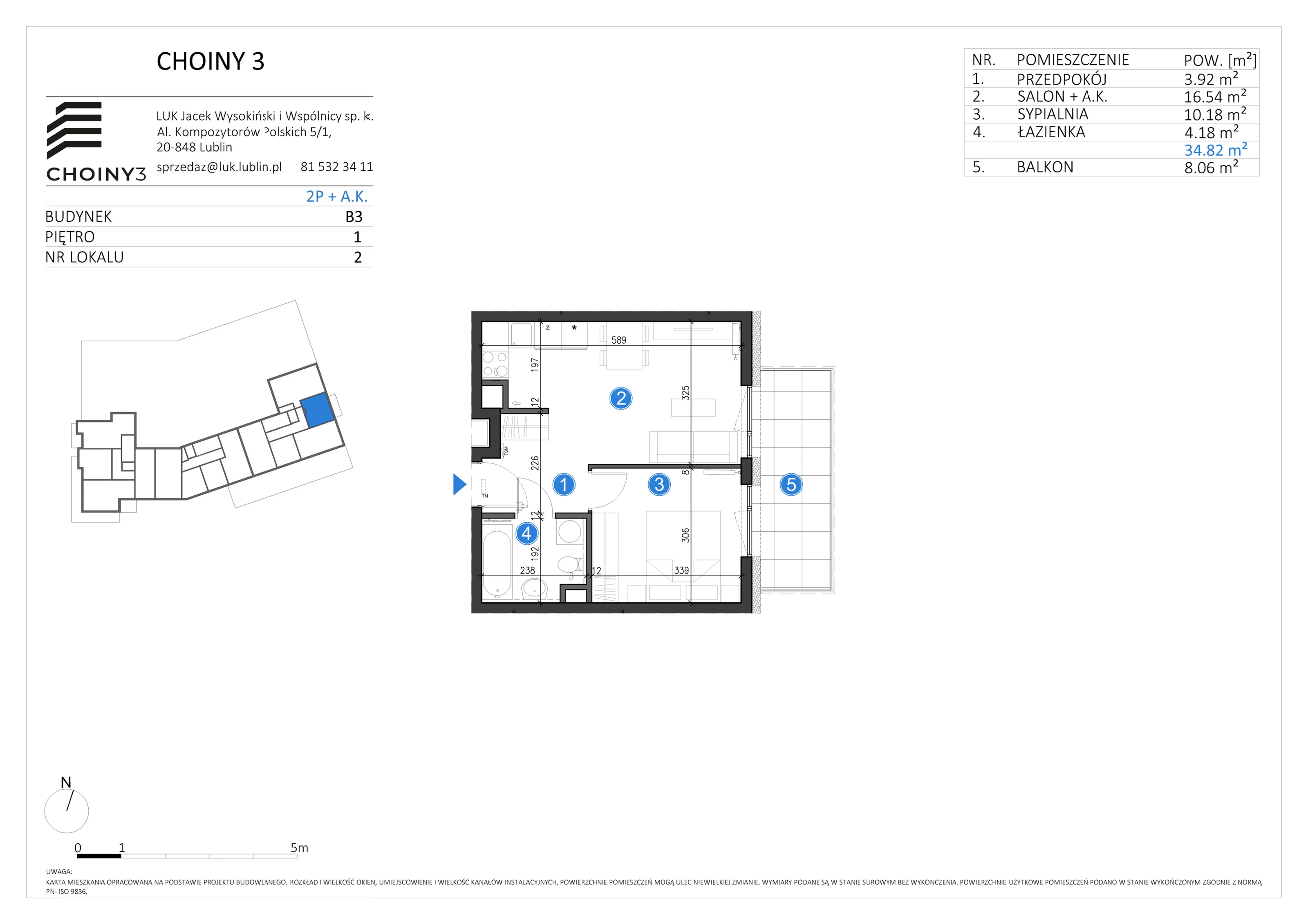 Mieszkanie 34,82 m², piętro 1, oferta nr 2, Choiny 3 Budynek B3, Lublin, Czechów Północny, ul. Choiny 3