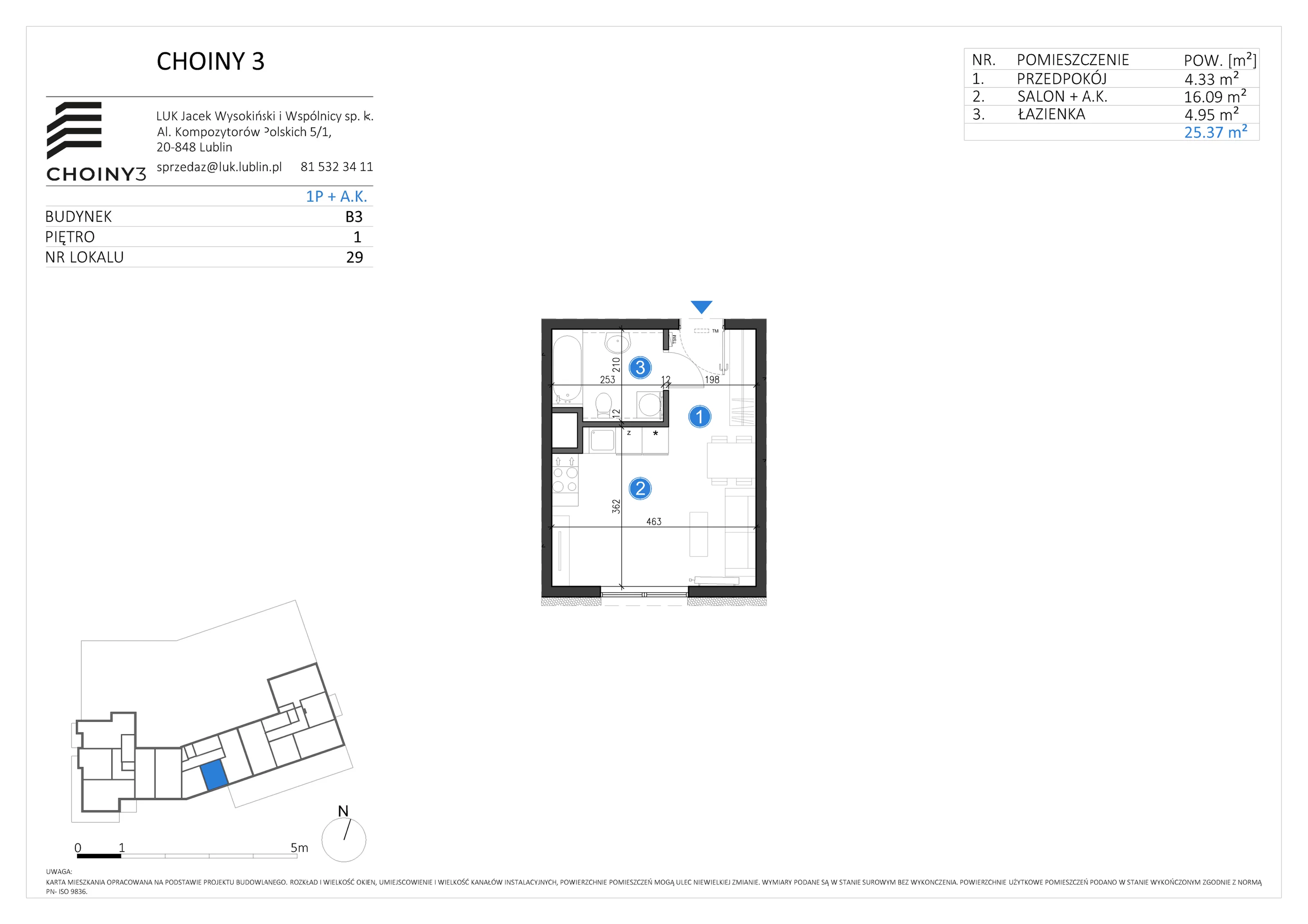 Mieszkanie 25,37 m², piętro 1, oferta nr 29, Choiny 3 Budynek B3, Lublin, Czechów Północny, ul. Choiny 3