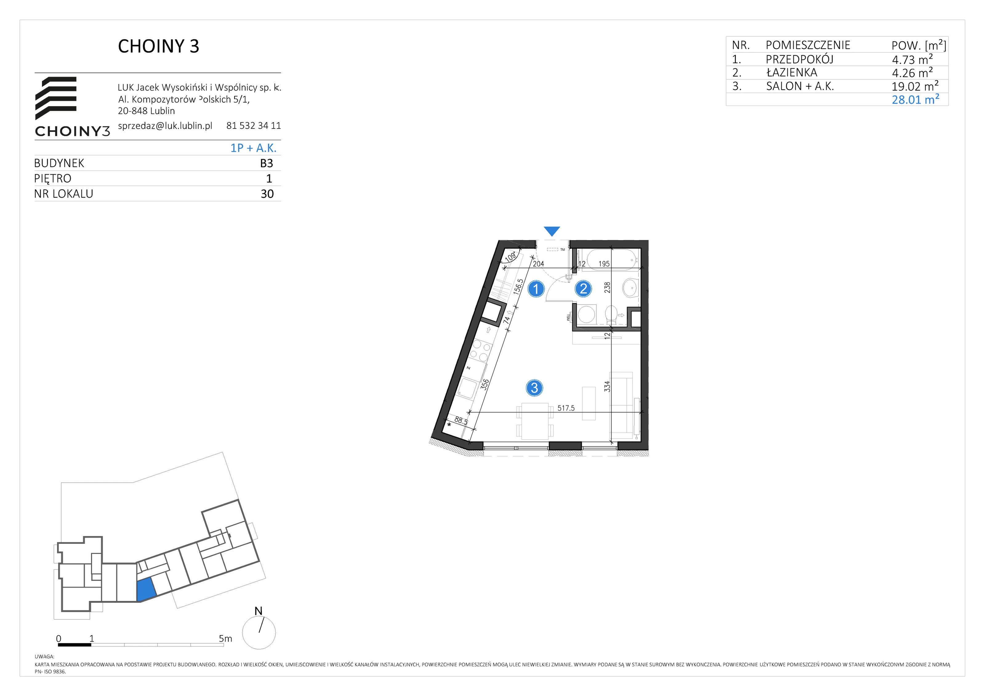 Mieszkanie 28,01 m², piętro 1, oferta nr 30, Choiny 3 Budynek B3, Lublin, Czechów Północny, ul. Choiny 3