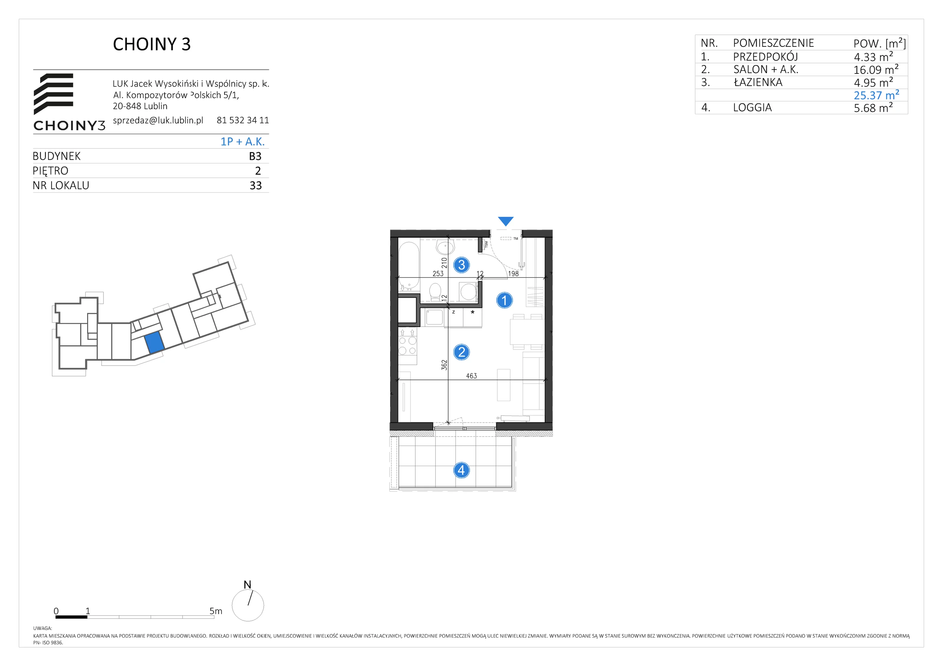 Mieszkanie 25,37 m², piętro 2, oferta nr 33, Choiny 3 Budynek B3, Lublin, Czechów Północny, ul. Choiny 3