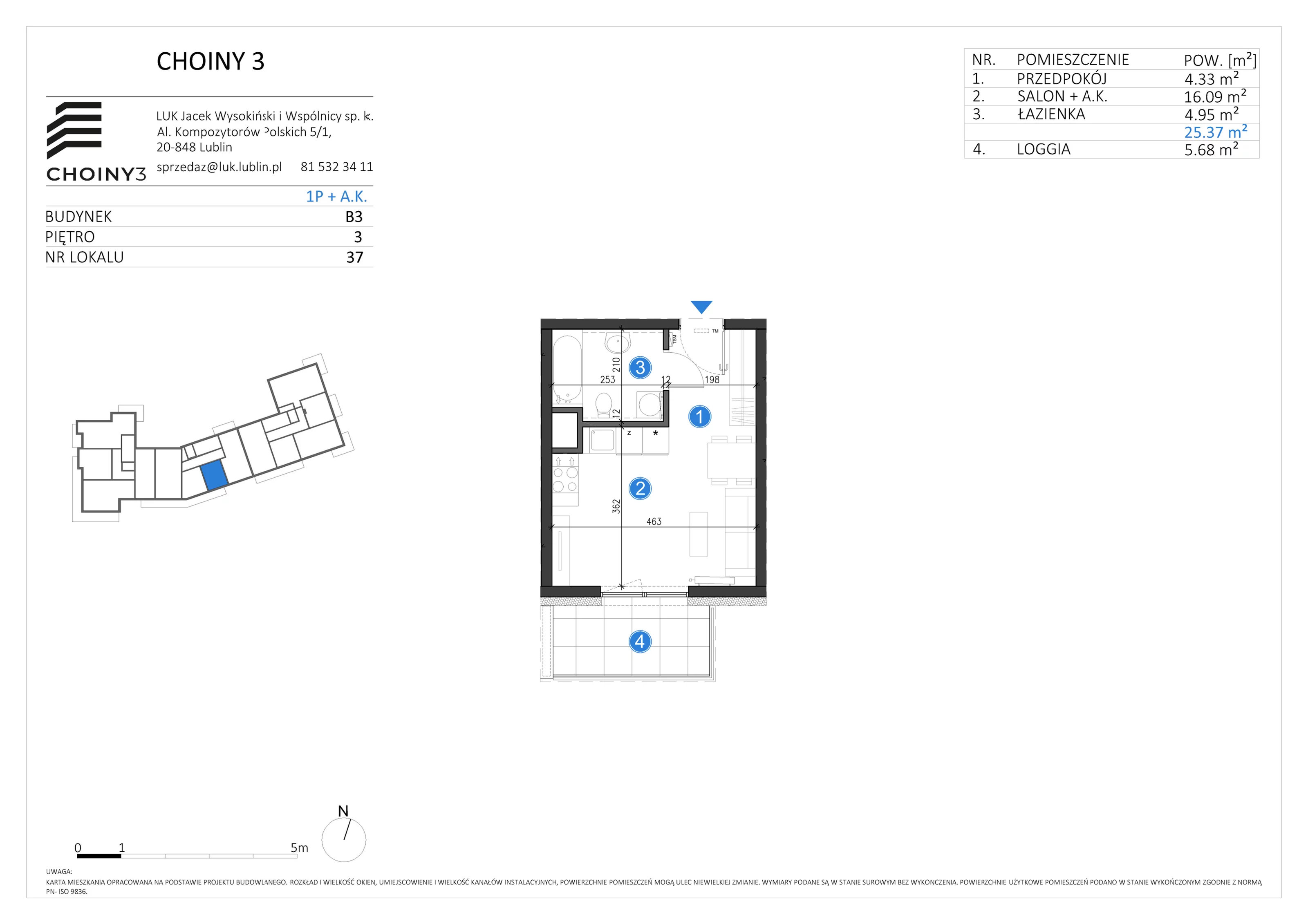 Mieszkanie 25,37 m², piętro 3, oferta nr 37, Choiny 3 Budynek B3, Lublin, Czechów Północny, ul. Choiny 3