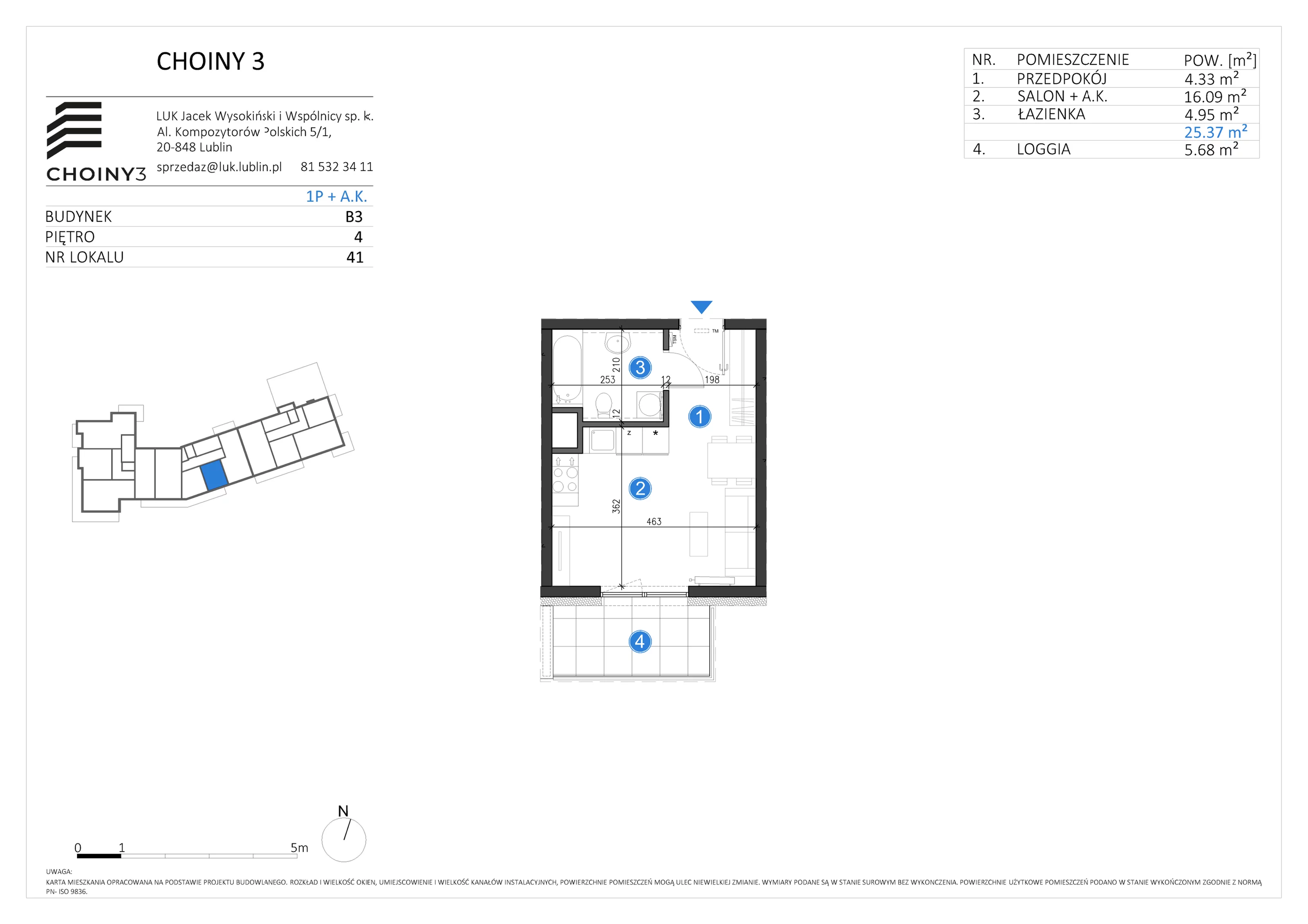 Mieszkanie 25,37 m², piętro 4, oferta nr 41, Choiny 3 Budynek B3, Lublin, Czechów Północny, ul. Choiny 3