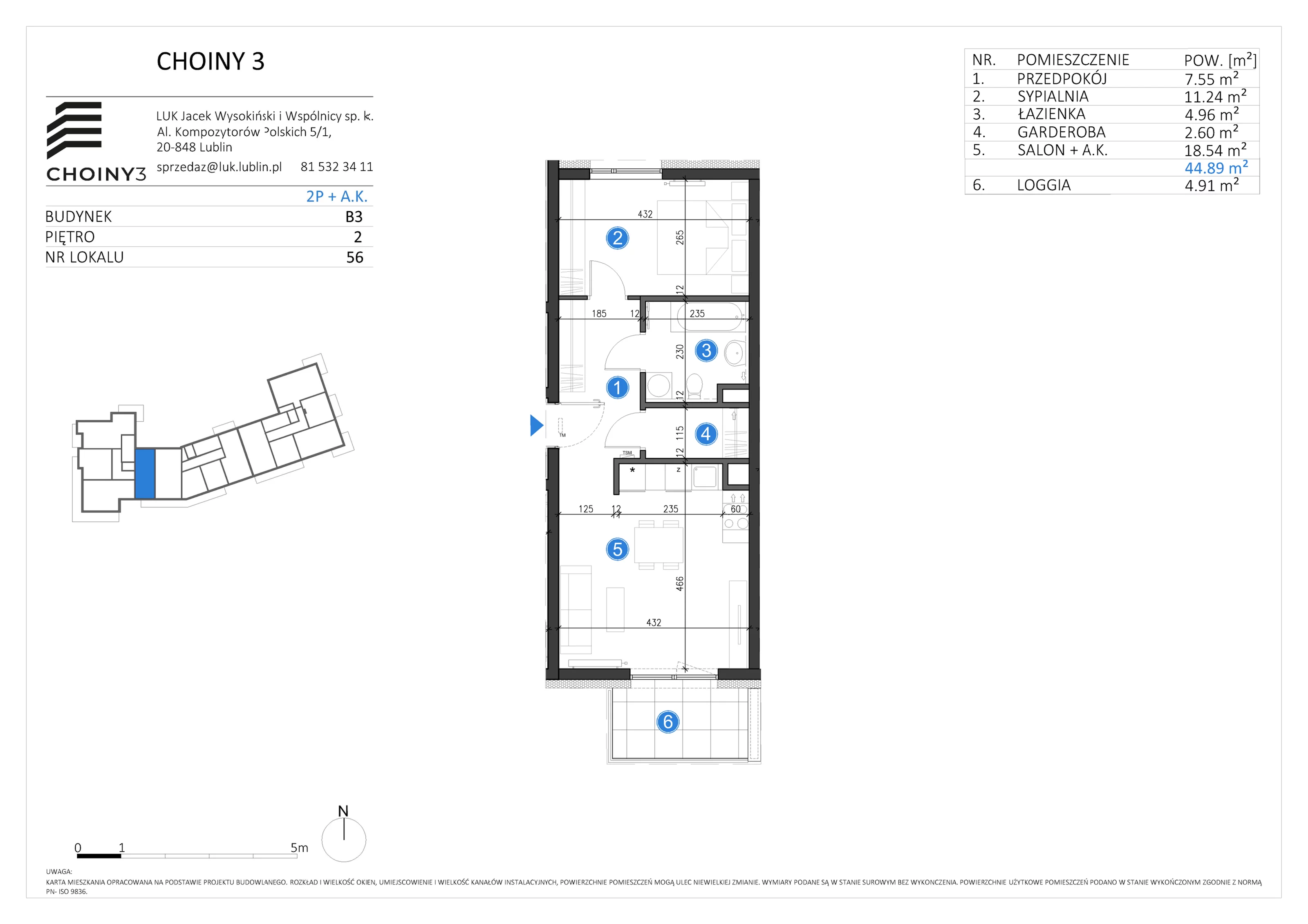 Mieszkanie 44,89 m², piętro 2, oferta nr 56, Choiny 3 Budynek B3, Lublin, Czechów Północny, ul. Choiny 3