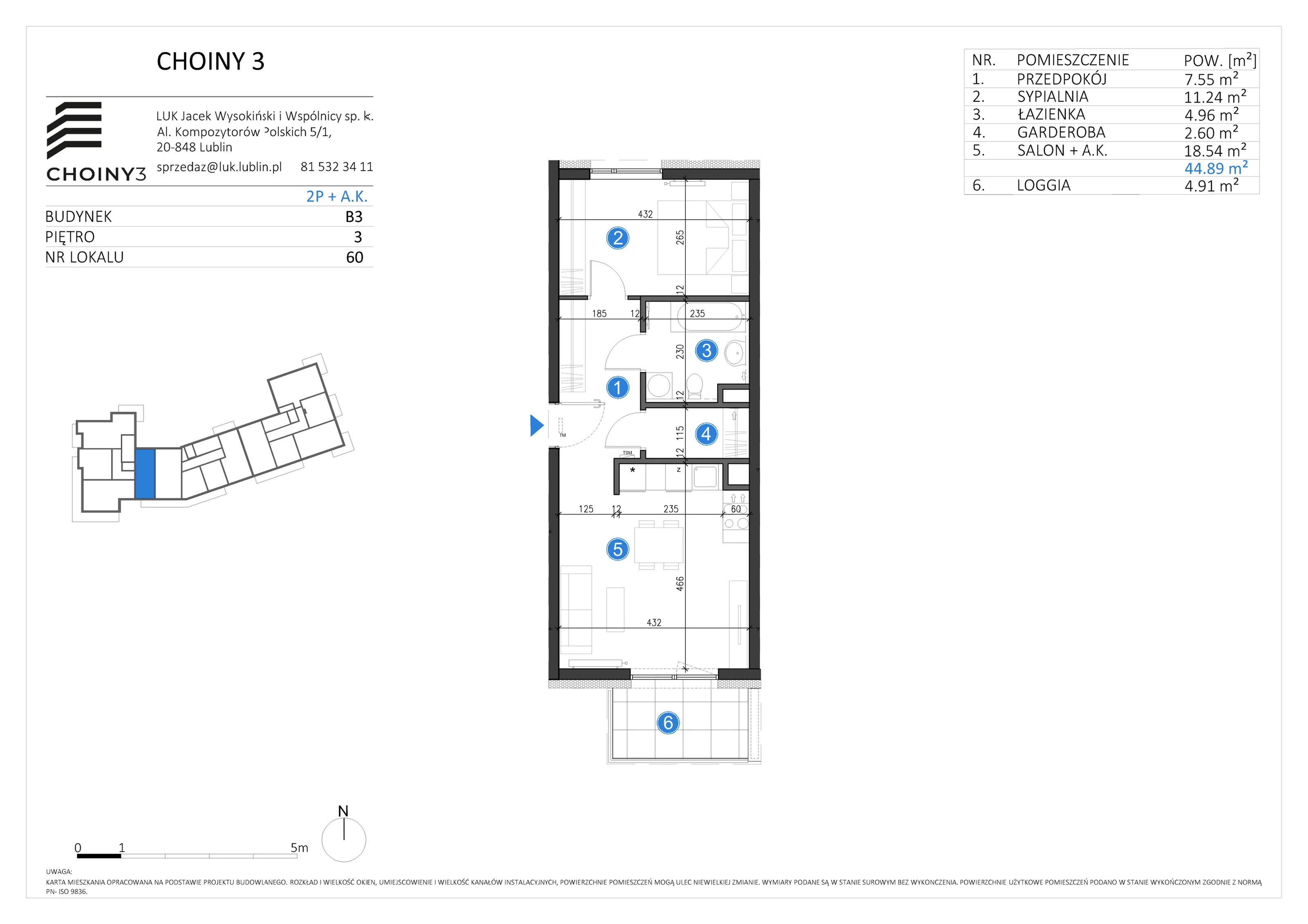 Mieszkanie 44,89 m², piętro 3, oferta nr 60, Choiny 3 Budynek B3, Lublin, Czechów Północny, ul. Choiny 3