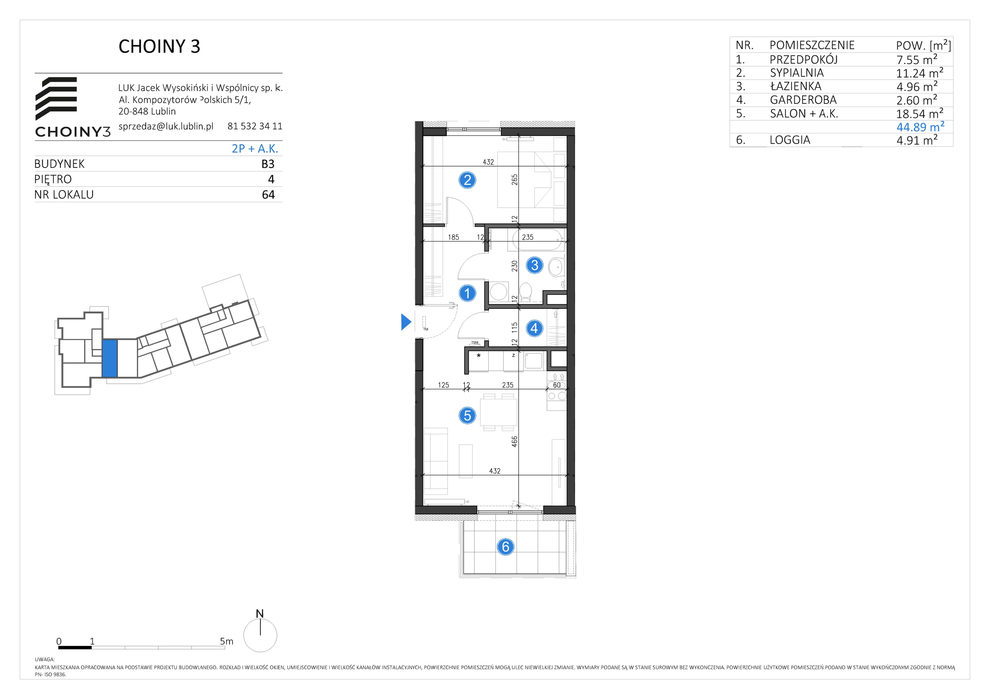 Mieszkanie 44,89 m², piętro 4, oferta nr 64, Choiny 3 Budynek B3, Lublin, Czechów Północny, ul. Choiny 3