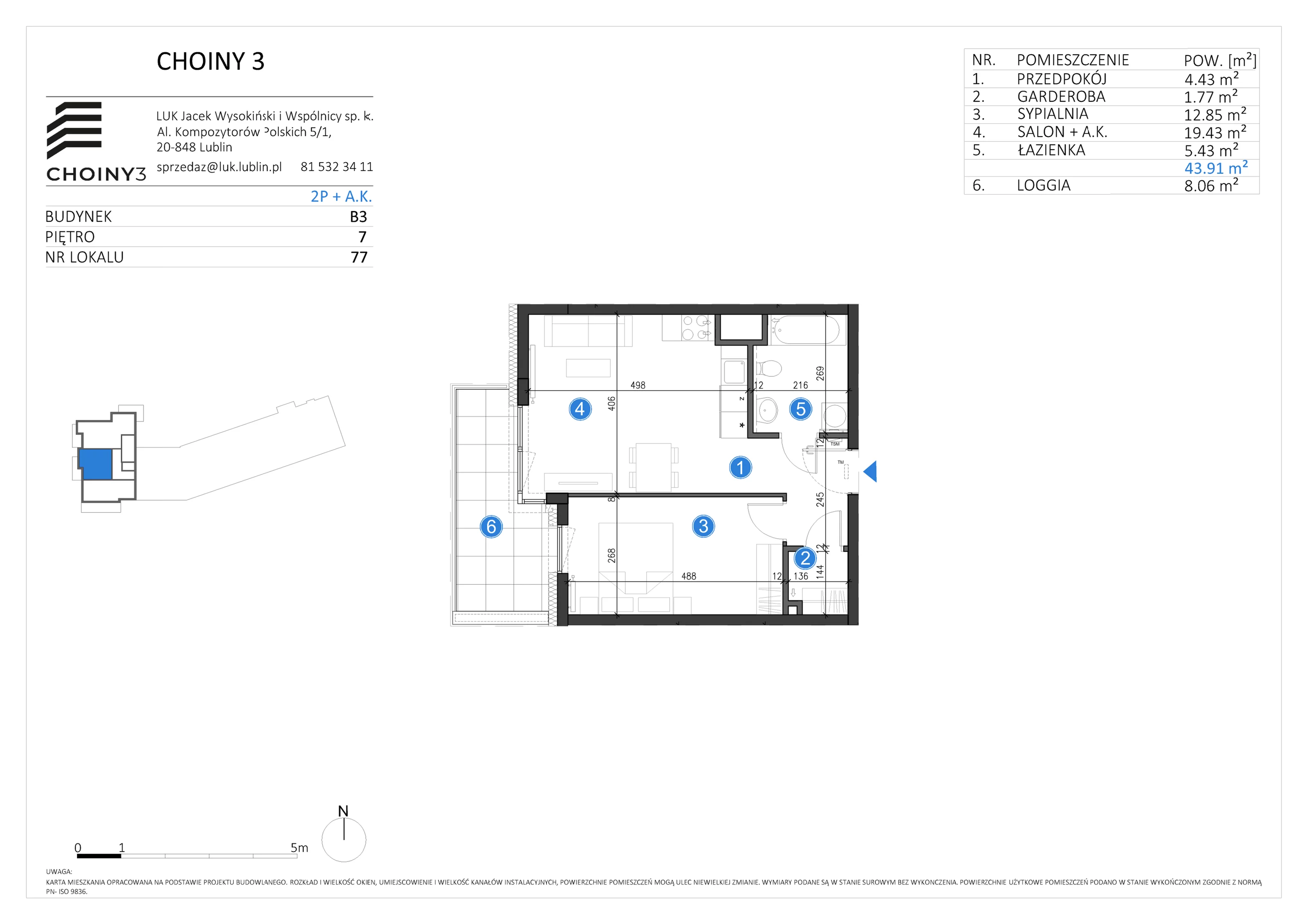 Mieszkanie 43,91 m², piętro 7, oferta nr 77, Choiny 3 Budynek B3, Lublin, Czechów Północny, ul. Choiny 3