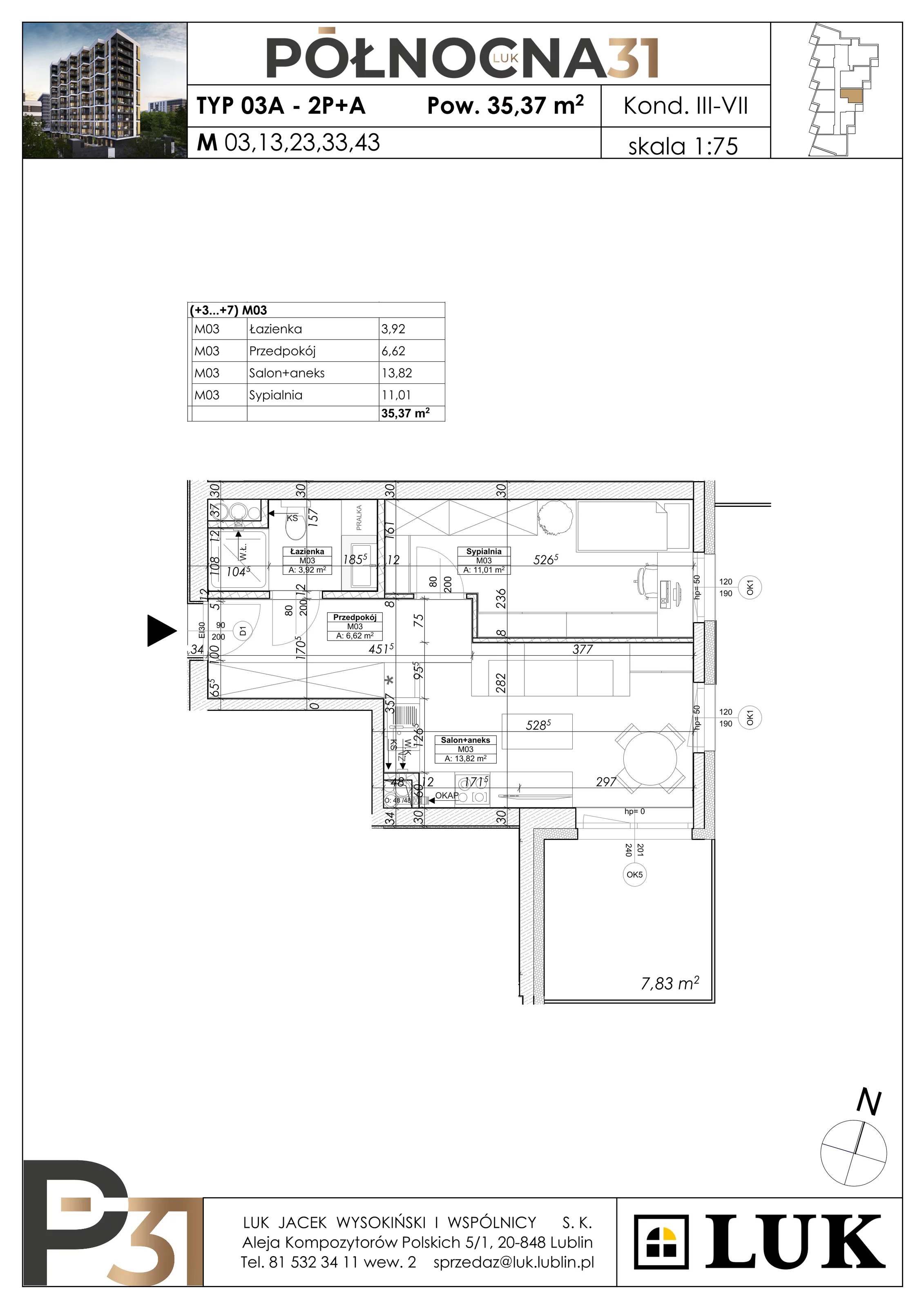 2 pokoje, apartament 35,37 m², piętro 6, oferta nr 43, Północna 31, Lublin, Śródmieście, Czechów Południowy, ul. Północna 31