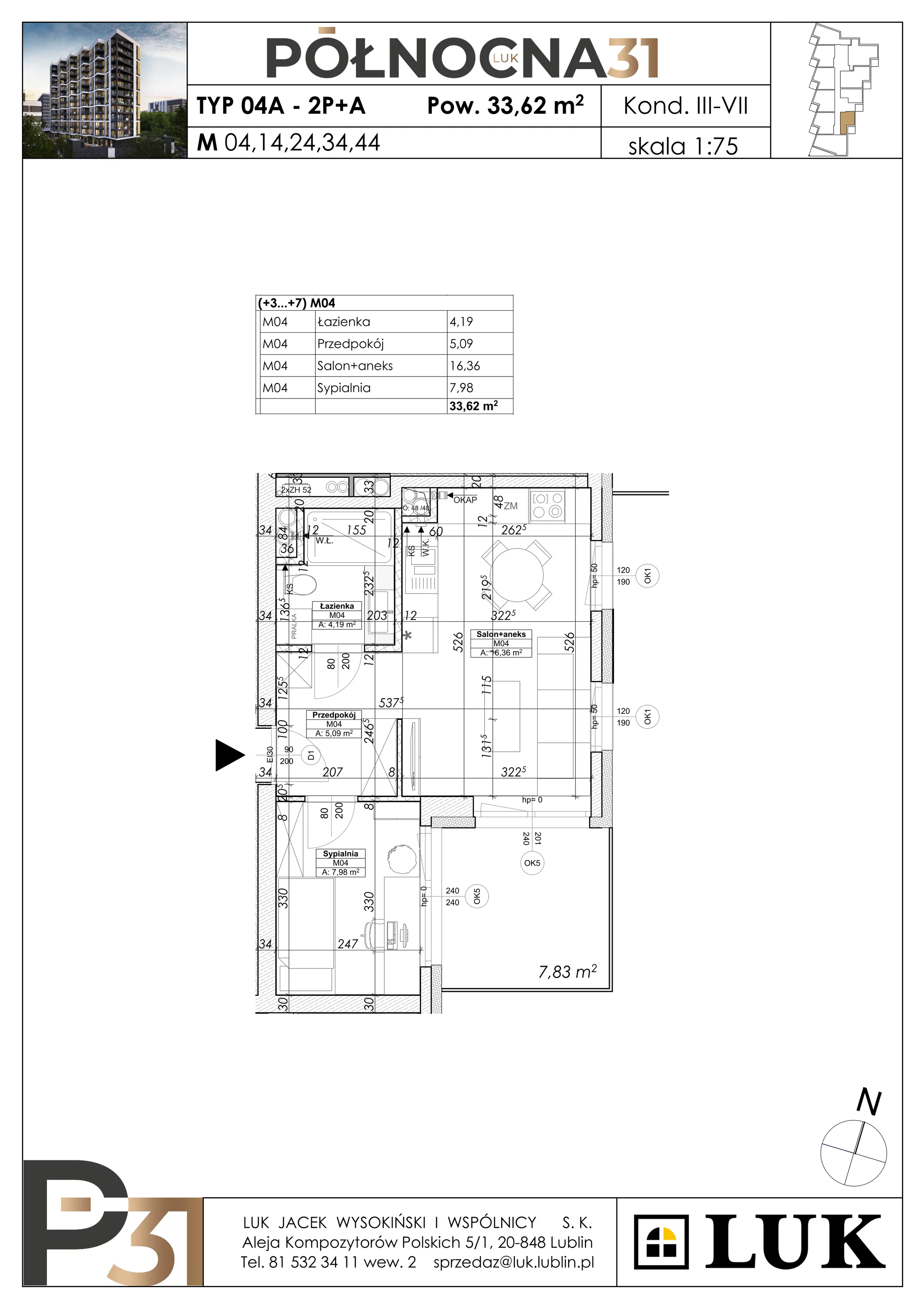 2 pokoje, apartament 33,62 m², piętro 2, oferta nr 4, Północna 31, Lublin, Śródmieście, Czechów Południowy, ul. Północna 31