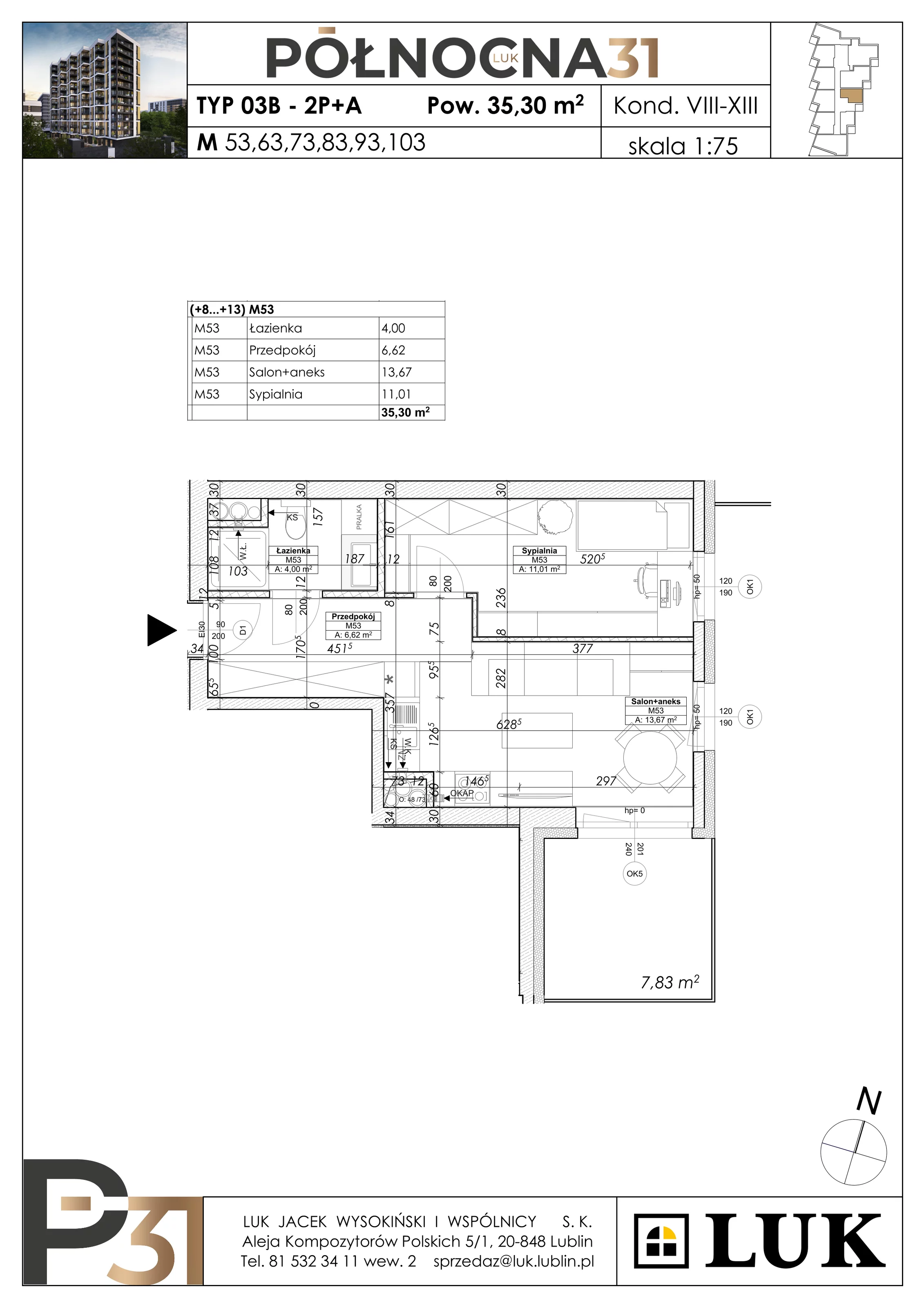 2 pokoje, apartament 35,30 m², piętro 9, oferta nr 73, Północna 31, Lublin, Śródmieście, Czechów Południowy, ul. Północna 31