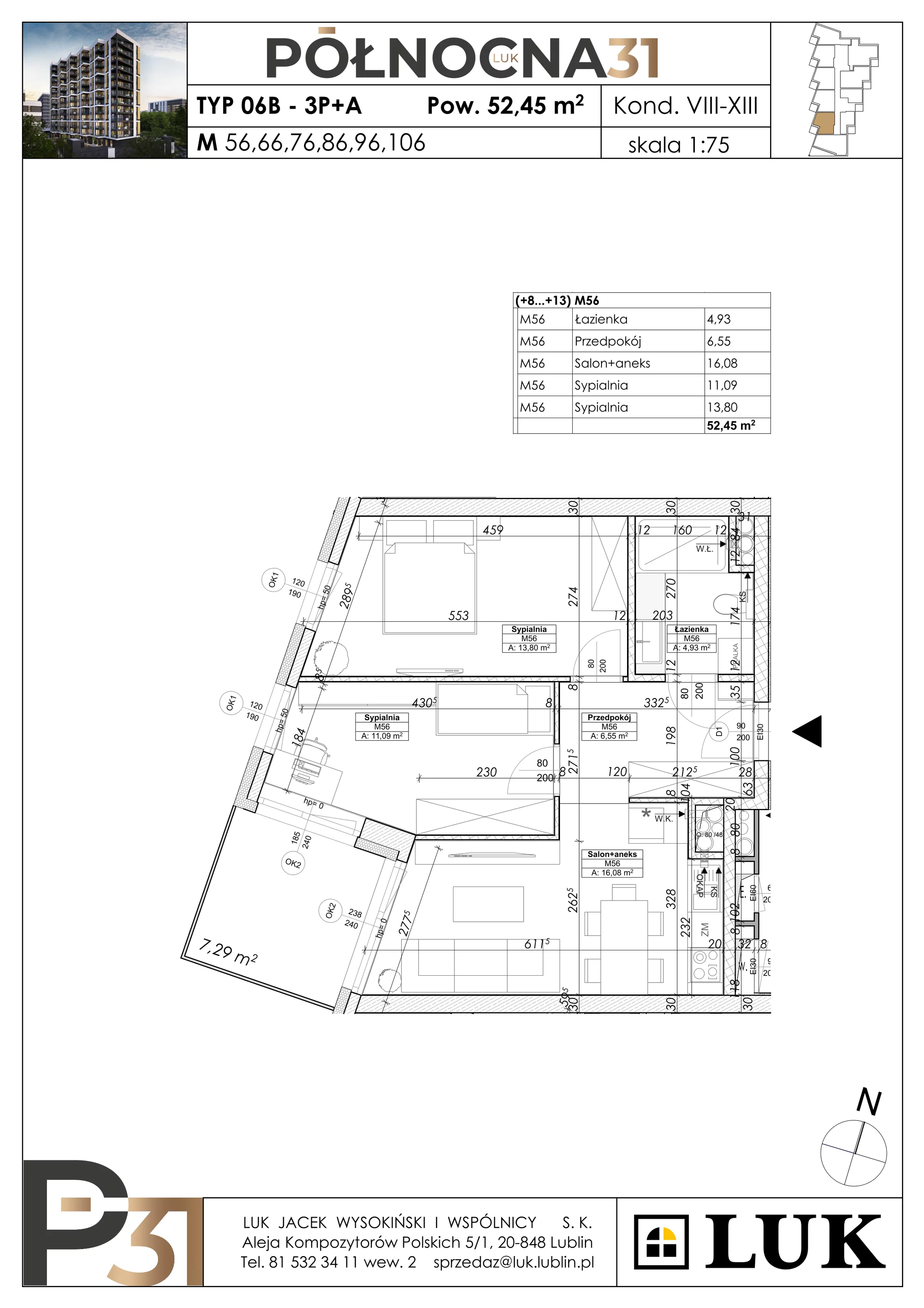 3 pokoje, apartament 52,45 m², piętro 7, oferta nr 56, Północna 31, Lublin, Śródmieście, Czechów Południowy, ul. Północna 31