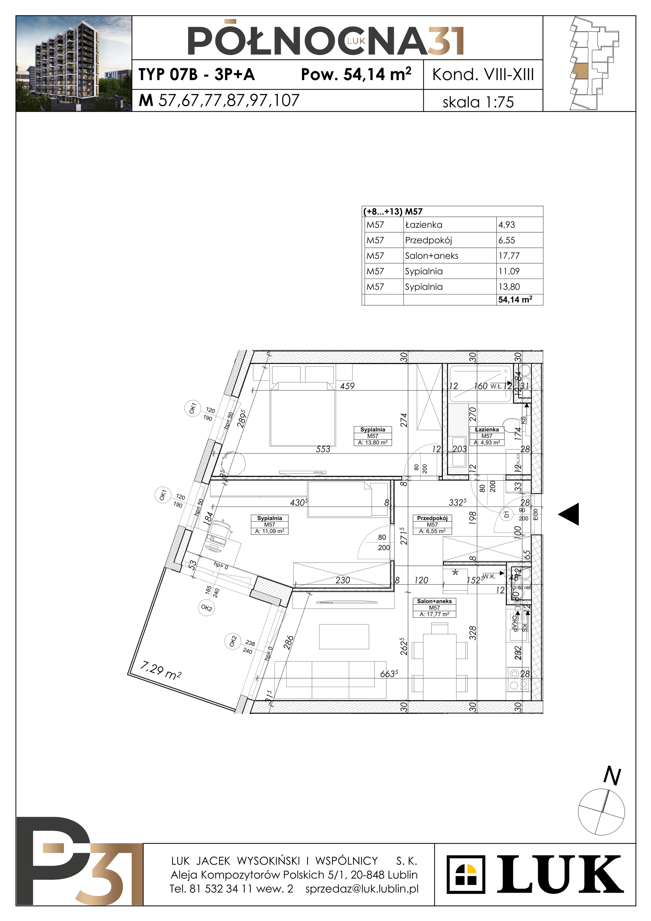 3 pokoje, apartament 54,14 m², piętro 12, oferta nr 107, Północna 31, Lublin, Śródmieście, Czechów Południowy, ul. Północna 31