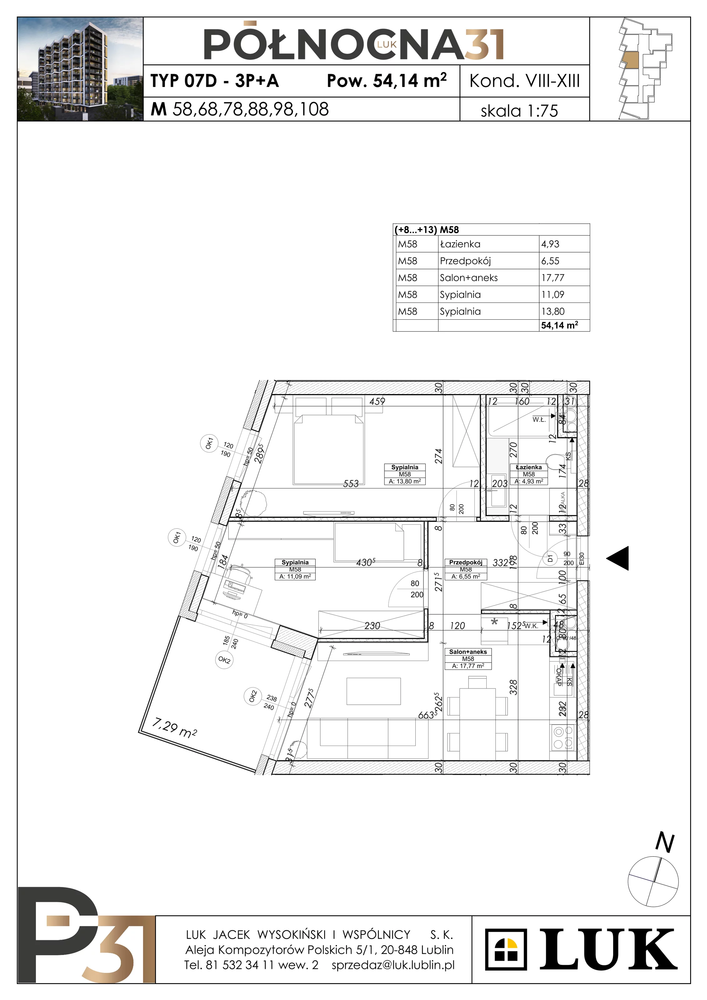 3 pokoje, apartament 54,14 m², piętro 11, oferta nr 98, Północna 31, Lublin, Śródmieście, Czechów Południowy, ul. Północna 31