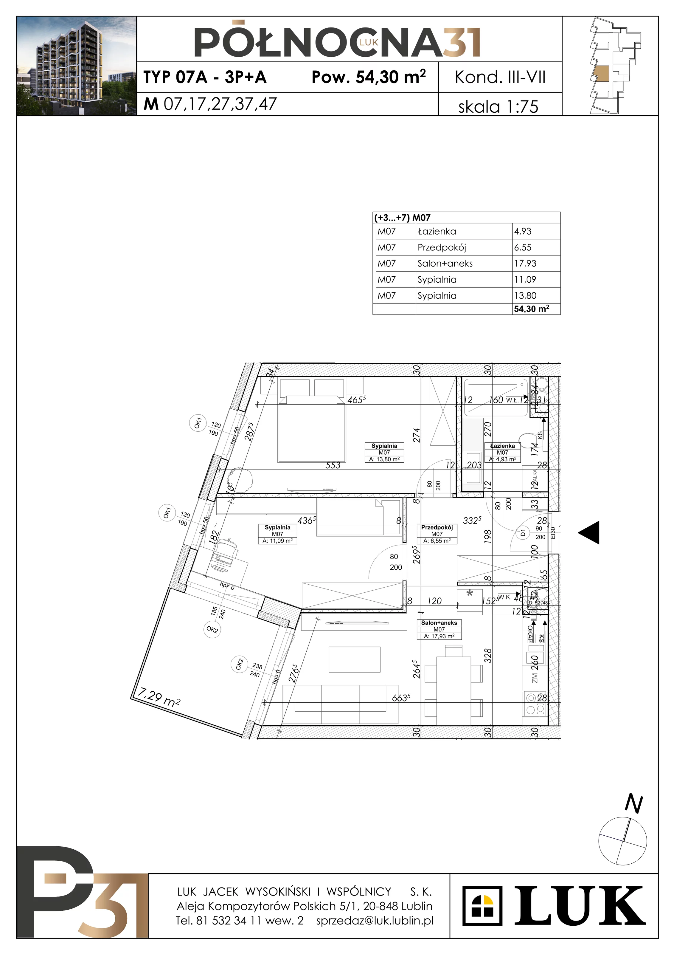 3 pokoje, apartament 54,30 m², piętro 3, oferta nr 17, Północna 31, Lublin, Śródmieście, Czechów Południowy, ul. Północna 31