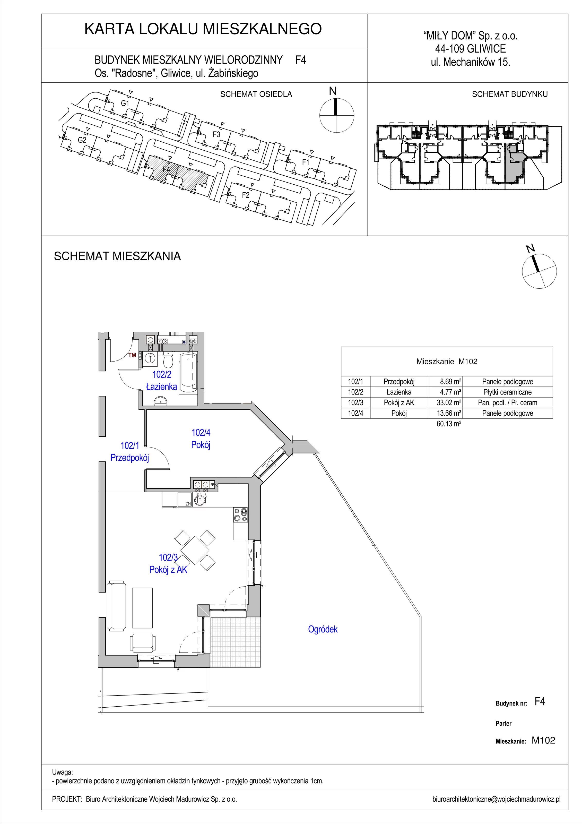 2 pokoje, mieszkanie 60,13 m², parter, oferta nr 102/2, Osiedle Radosne II, Gliwice, Stare Gliwice, ul. K. Dickensa 3