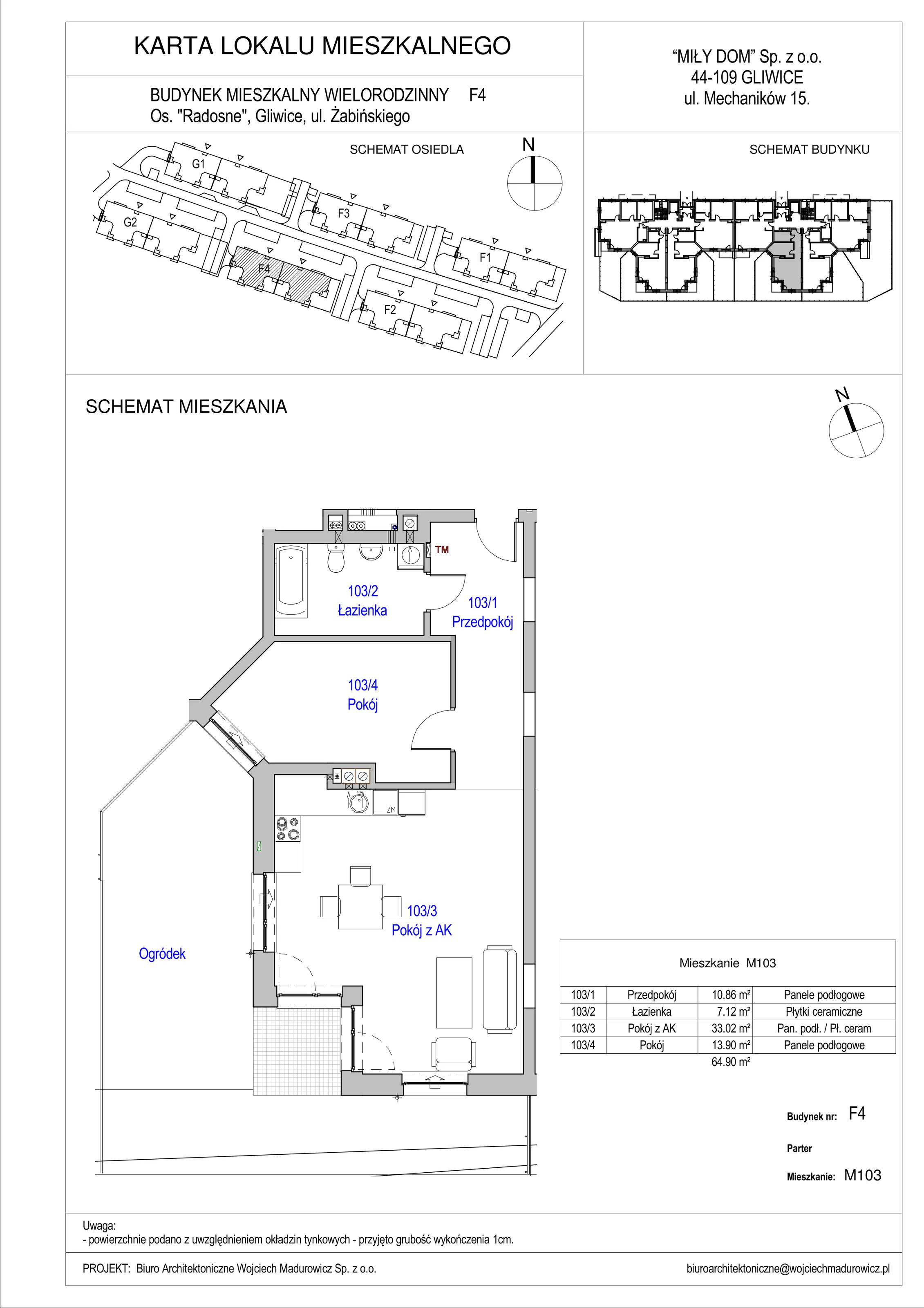 2 pokoje, mieszkanie 64,90 m², parter, oferta nr 103/3, Osiedle Radosne II, Gliwice, Stare Gliwice, ul. K. Dickensa 3