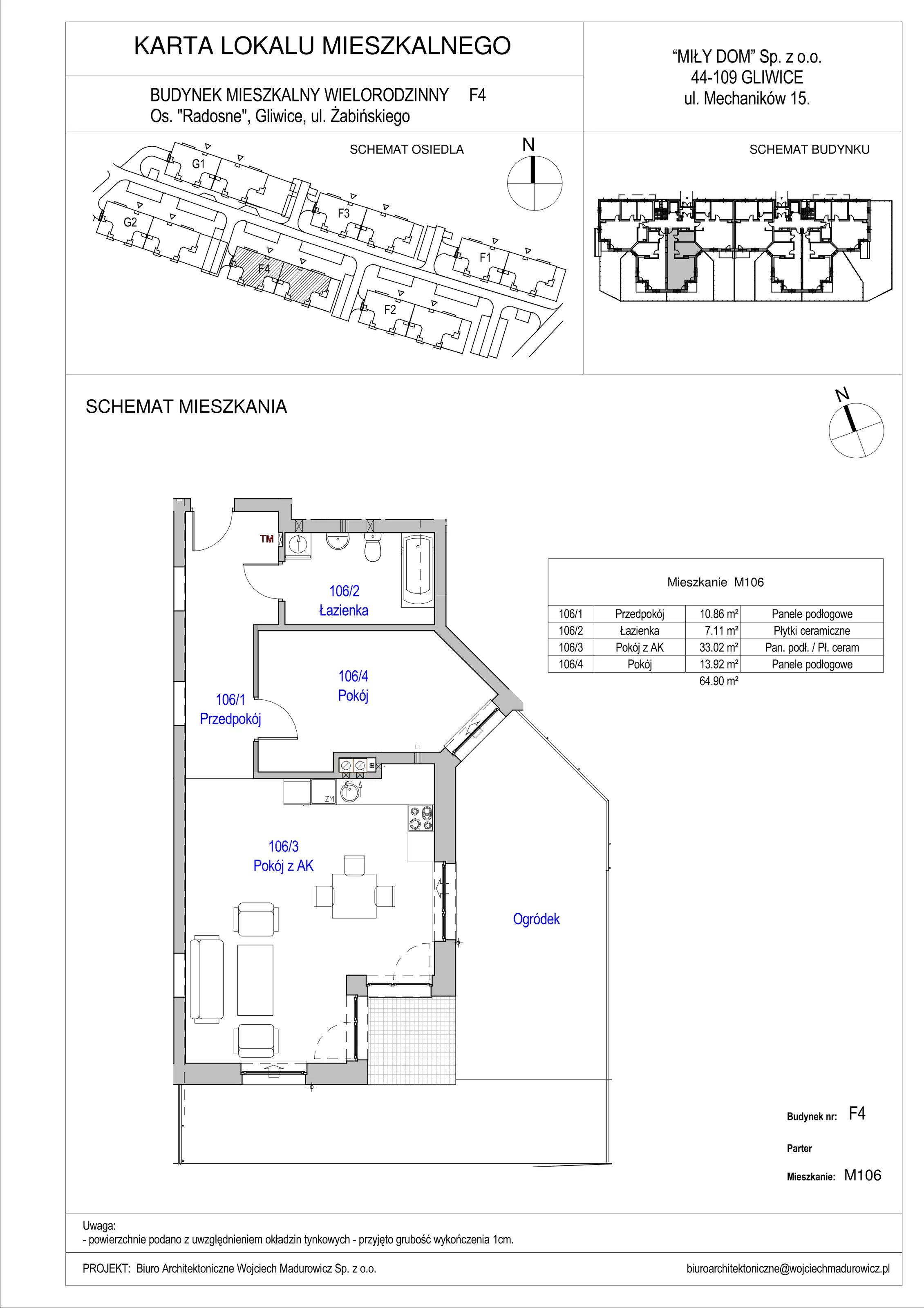 2 pokoje, mieszkanie 64,90 m², parter, oferta nr 106/6, Osiedle Radosne II, Gliwice, Stare Gliwice, ul. K. Dickensa 3