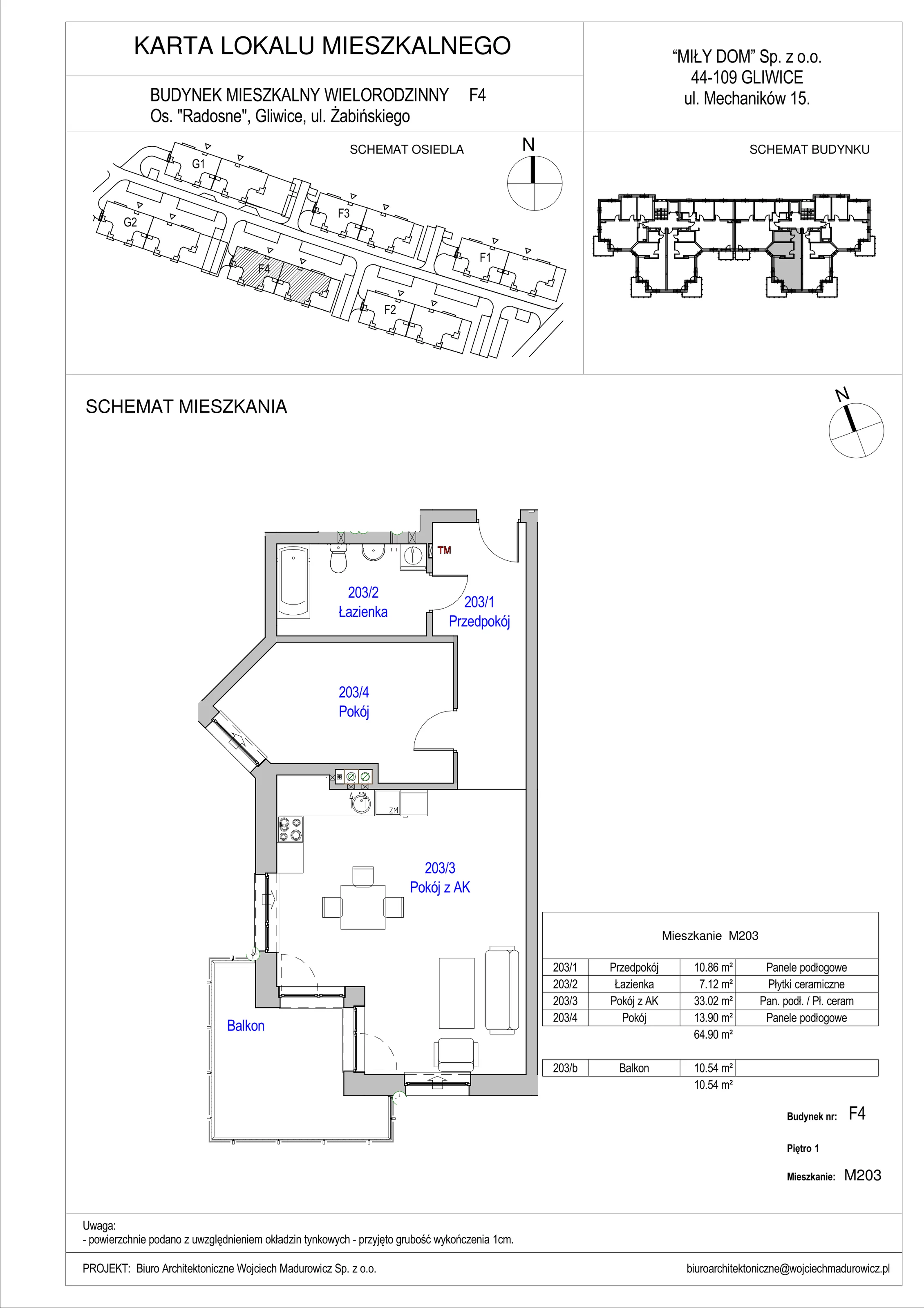 2 pokoje, mieszkanie 64,90 m², piętro 1, oferta nr 203/11, Osiedle Radosne II, Gliwice, Stare Gliwice, ul. K. Dickensa 3