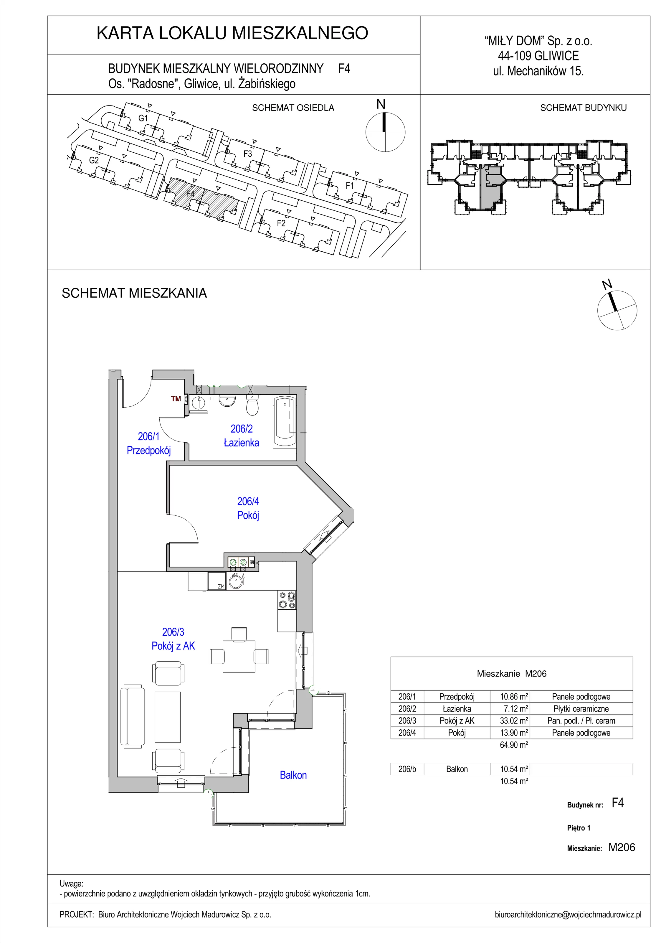 2 pokoje, mieszkanie 64,90 m², piętro 1, oferta nr 206/14, Osiedle Radosne II, Gliwice, Stare Gliwice, ul. K. Dickensa 3