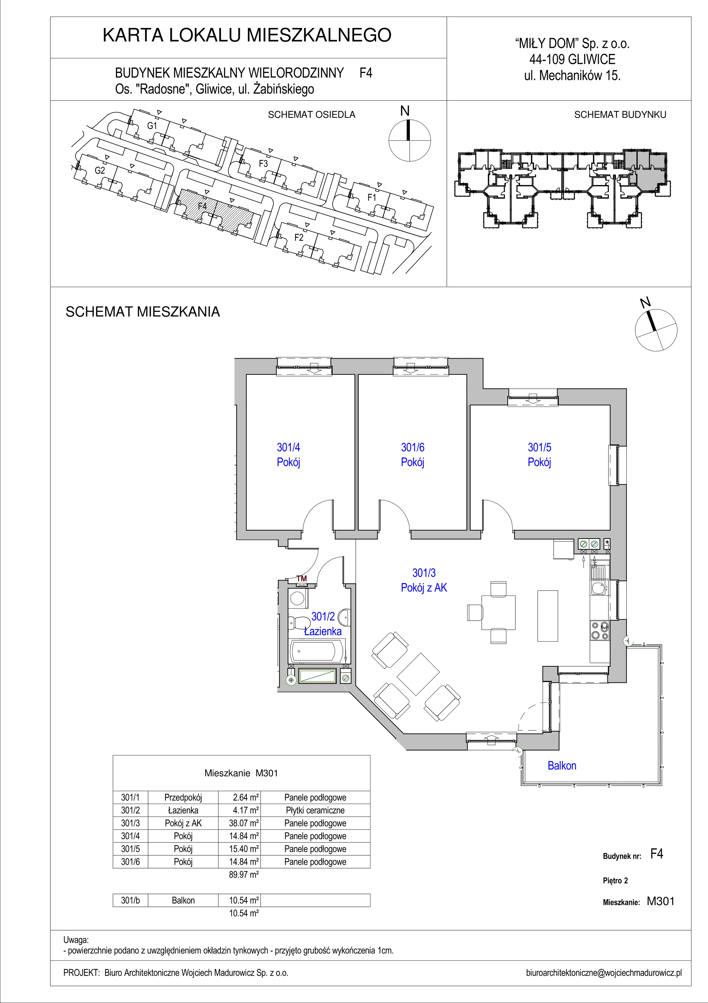4 pokoje, mieszkanie 89,97 m², piętro 2, oferta nr 301/17, Osiedle Radosne II, Gliwice, Stare Gliwice, ul. K. Dickensa 3