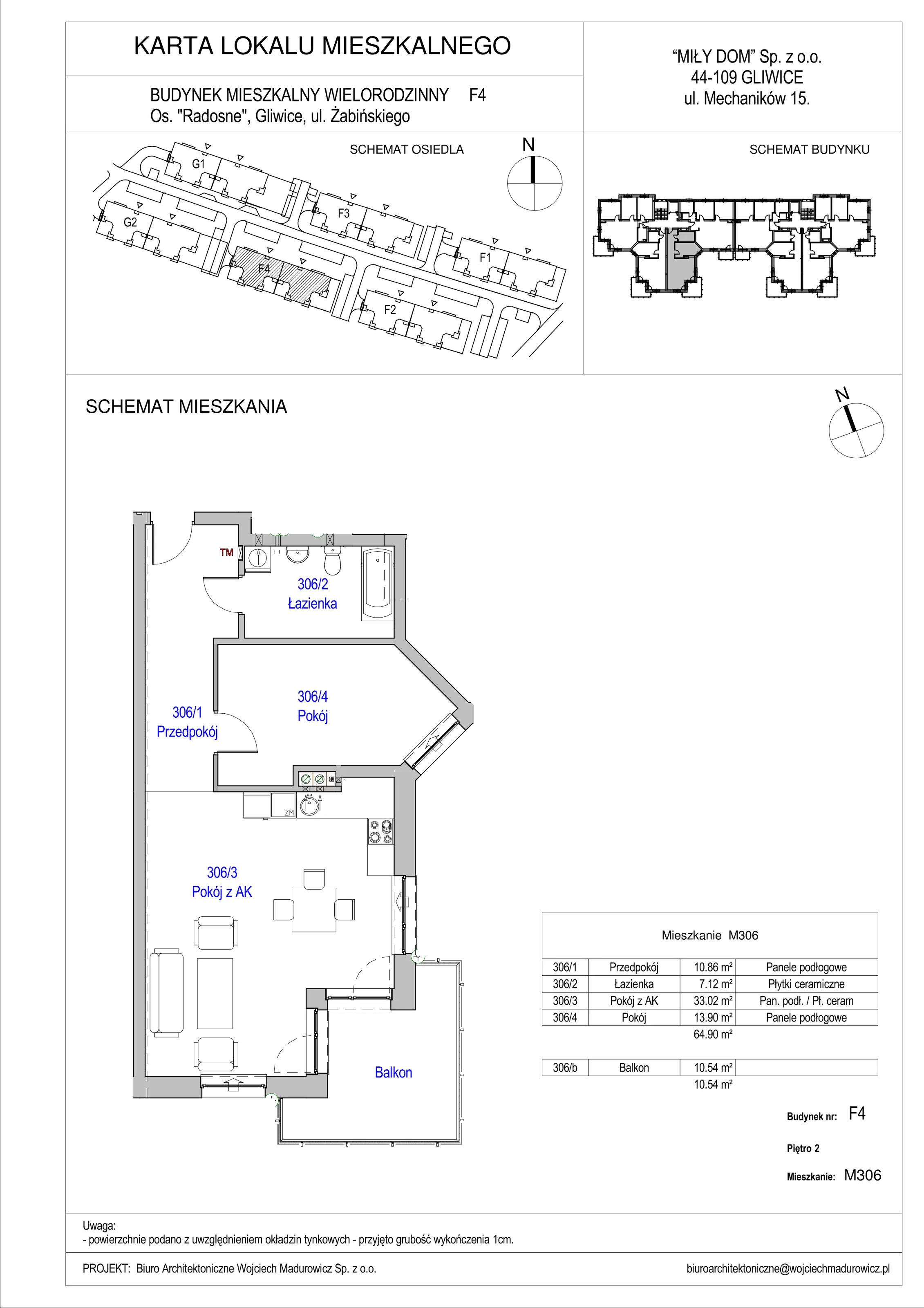 2 pokoje, mieszkanie 64,90 m², piętro 2, oferta nr 306/22, Osiedle Radosne II, Gliwice, Stare Gliwice, ul. K. Dickensa 3