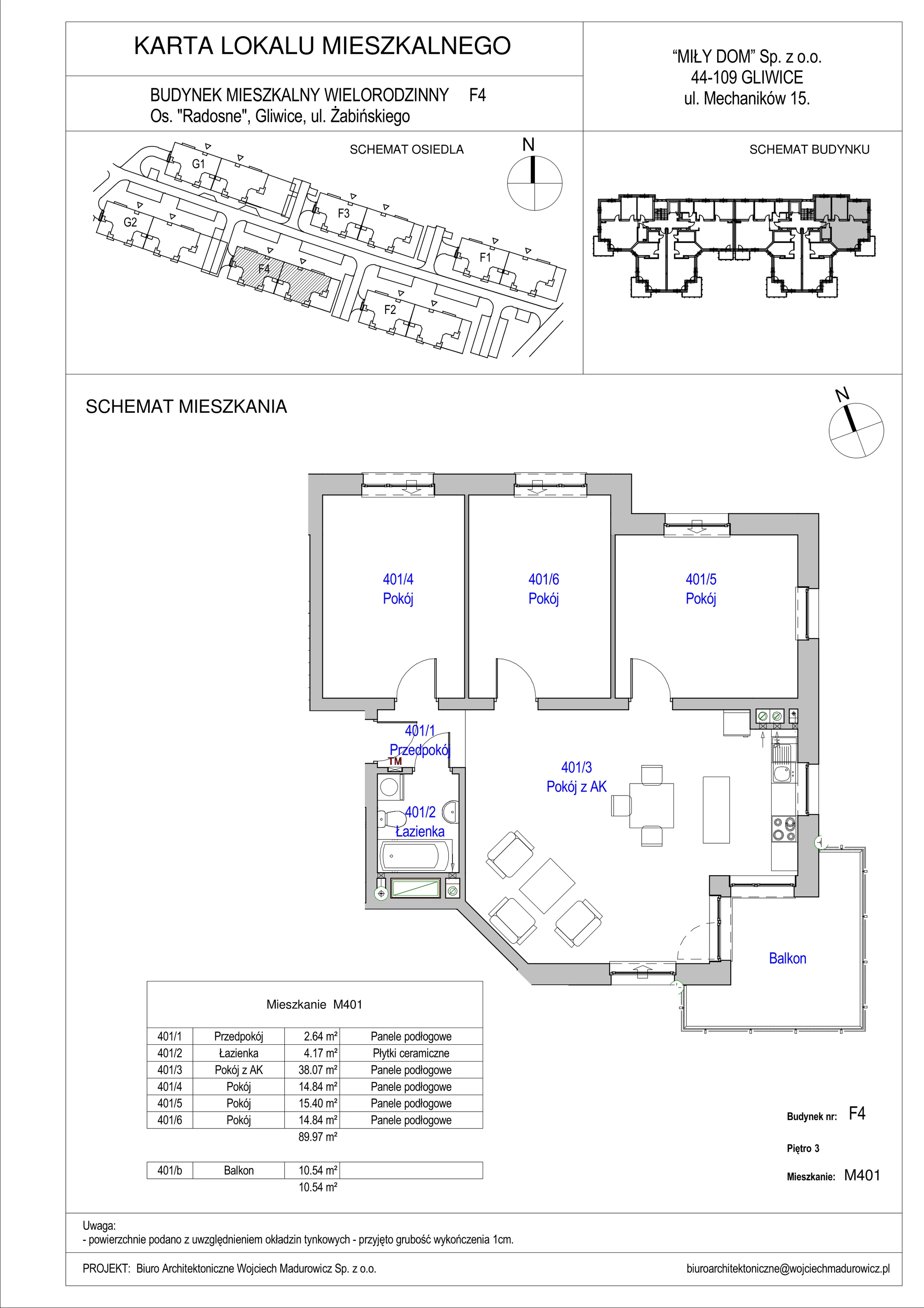 4 pokoje, mieszkanie 89,97 m², piętro 3, oferta nr 401/25, Osiedle Radosne II, Gliwice, Stare Gliwice, ul. K. Dickensa 3