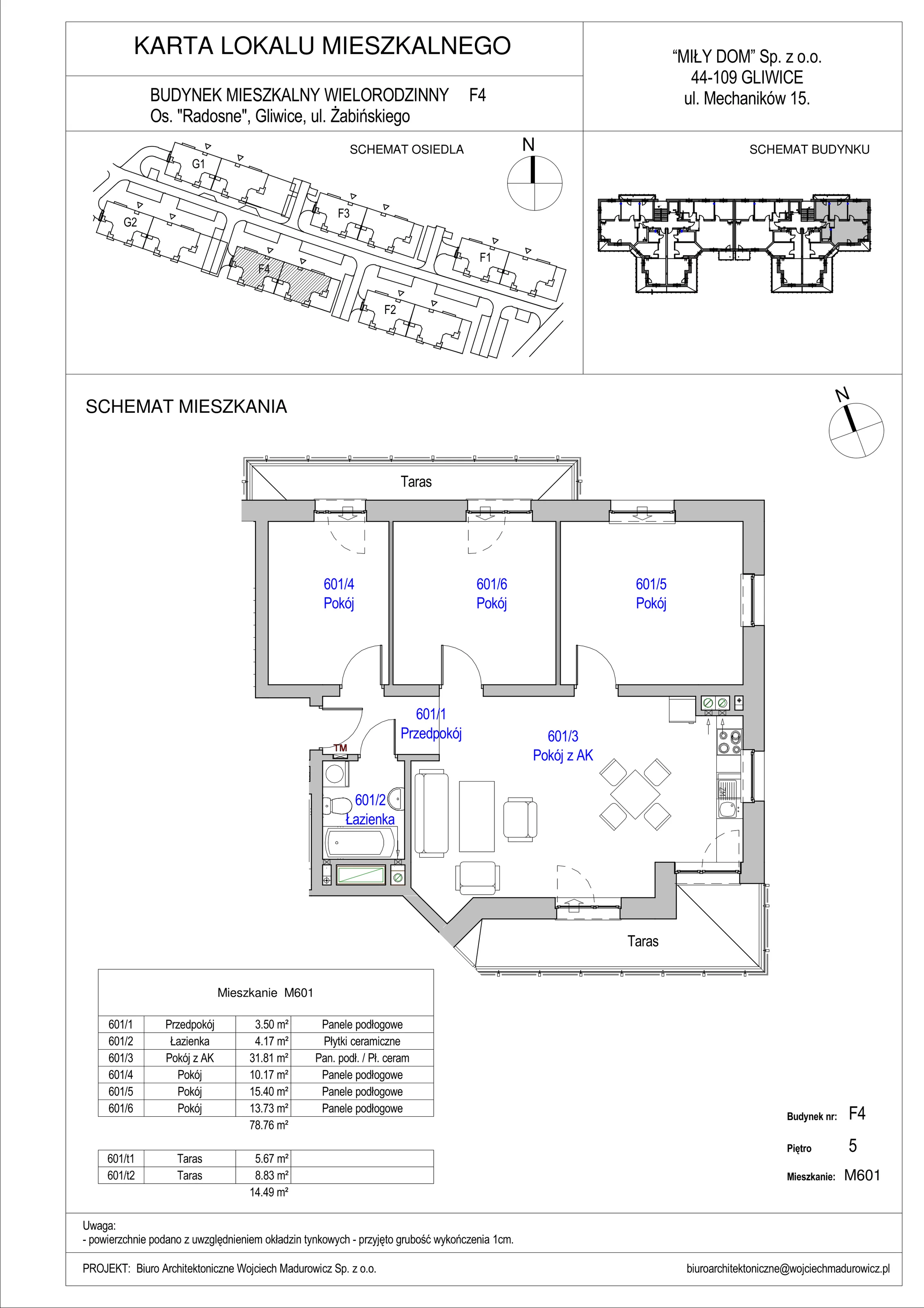 4 pokoje, mieszkanie 78,76 m², piętro 5, oferta nr 601/41, Osiedle Radosne II, Gliwice, Stare Gliwice, ul. K. Dickensa 3