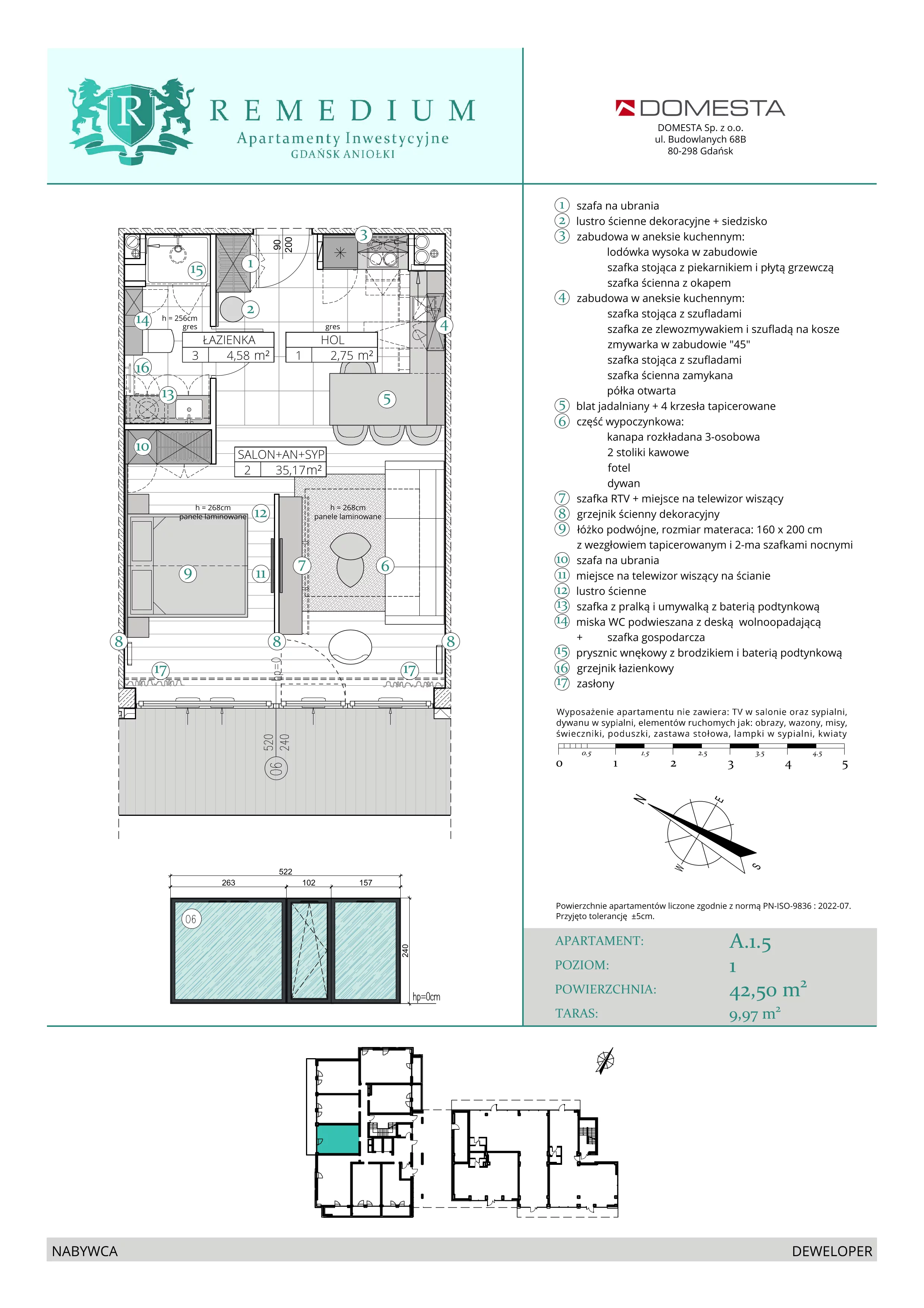 1 pokój, apartament 42,50 m², parter, oferta nr A.1.5, Apartamenty Remedium, Gdańsk, Aniołki,  ul. Mariana Smoluchowskiego