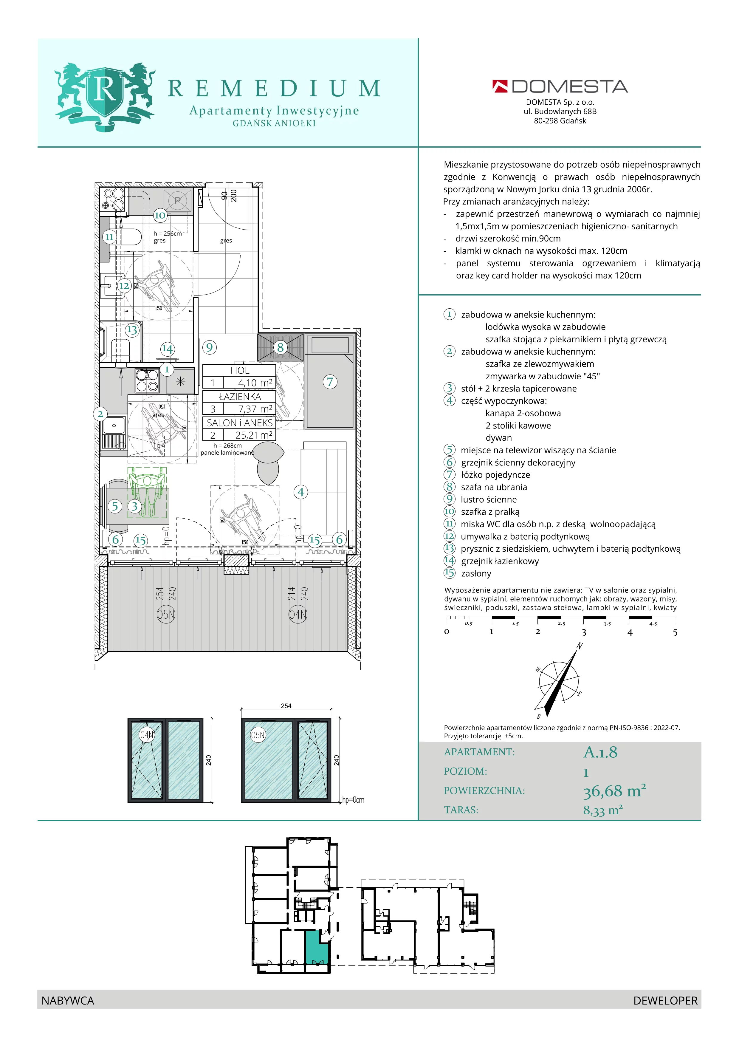 1 pokój, apartament 36,68 m², parter, oferta nr A.1.8N, Apartamenty Remedium, Gdańsk, Aniołki,  ul. Mariana Smoluchowskiego