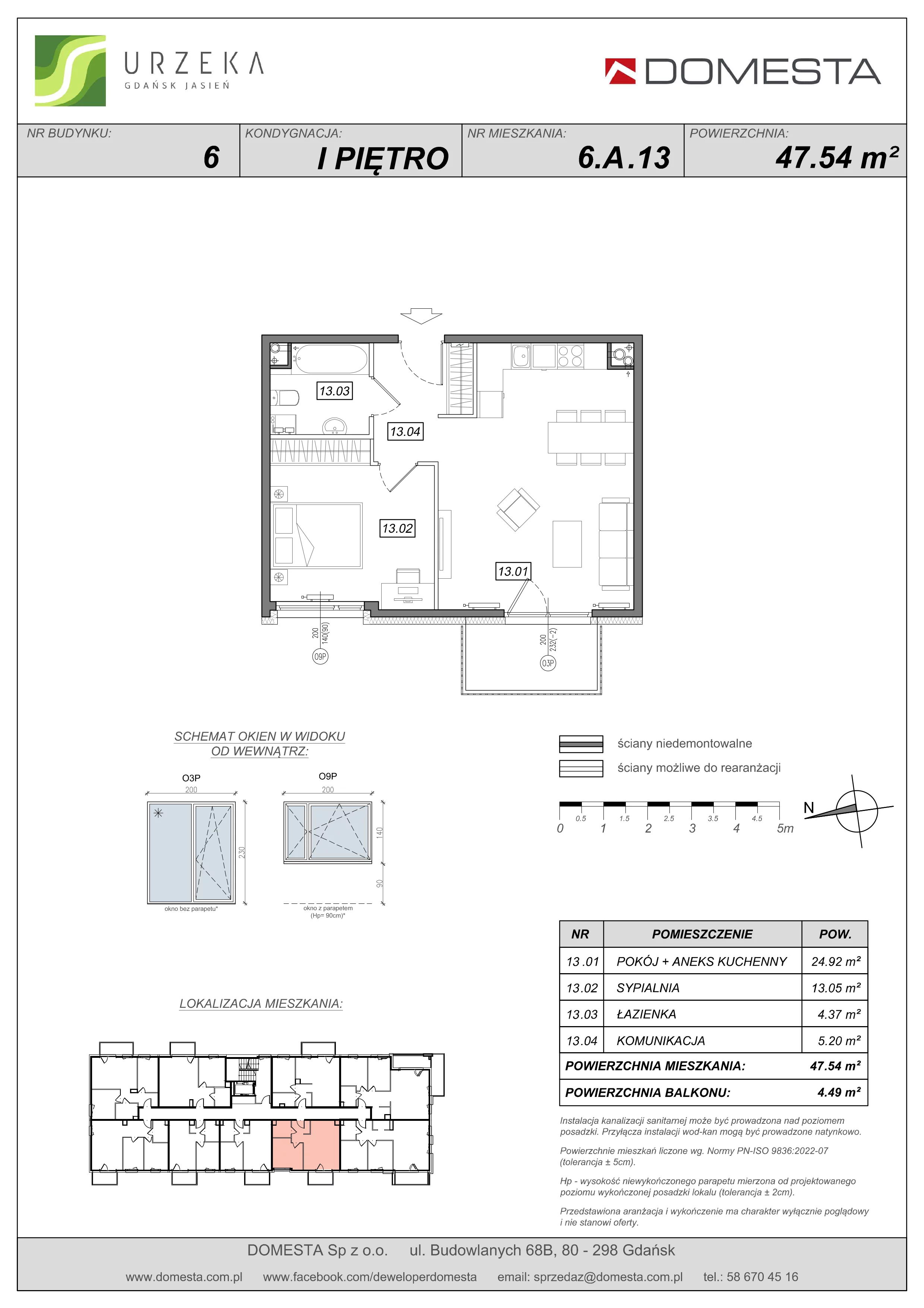 2 pokoje, mieszkanie 47,54 m², piętro 1, oferta nr 6.A.13, Urzeka - budynek 6 , Gdańsk, Jasień, ul. Guderskiego / Czermińskiego