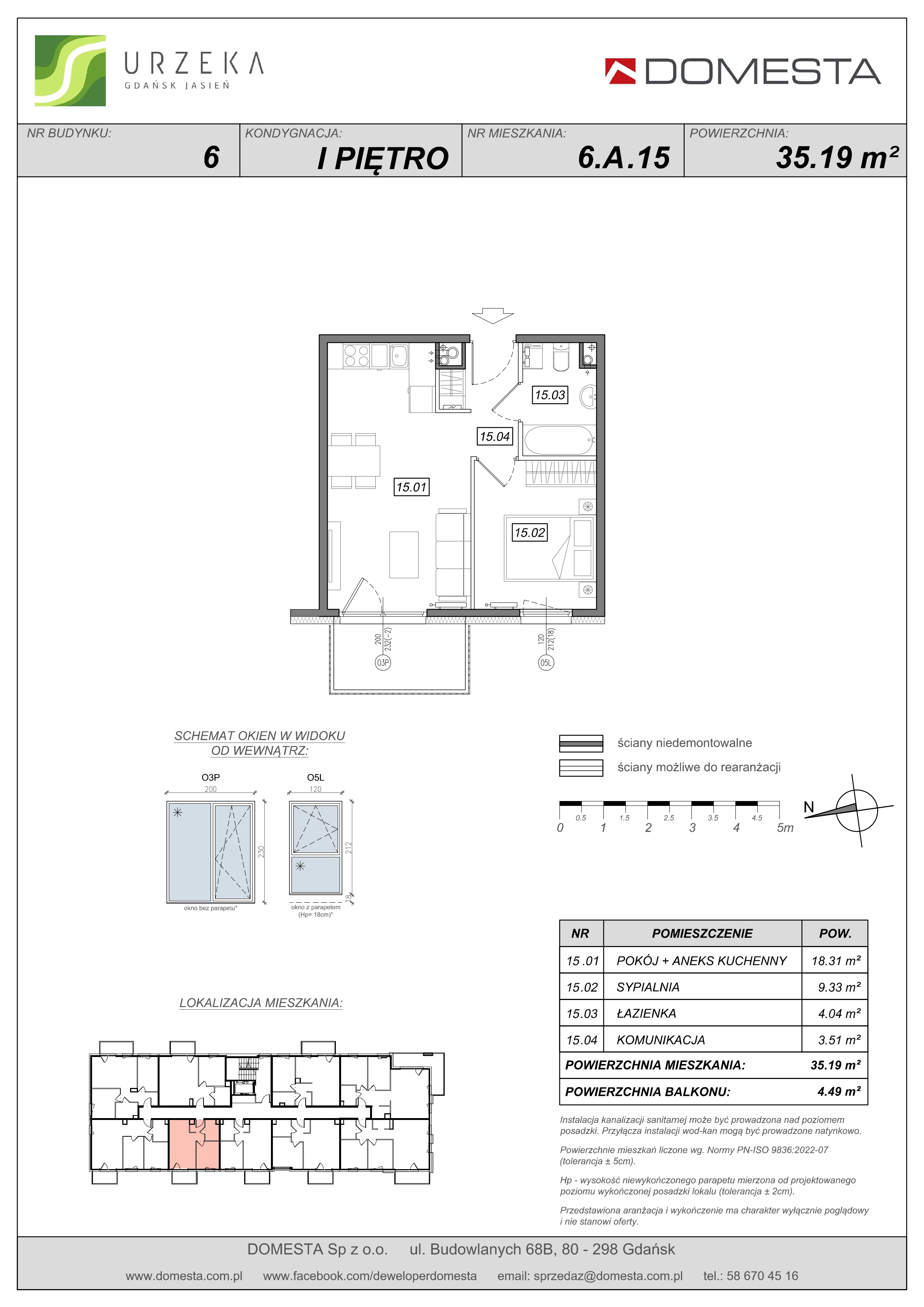 2 pokoje, mieszkanie 35,19 m², piętro 1, oferta nr 6.A.15, Urzeka - budynek 6 , Gdańsk, Jasień, ul. Guderskiego / Czermińskiego