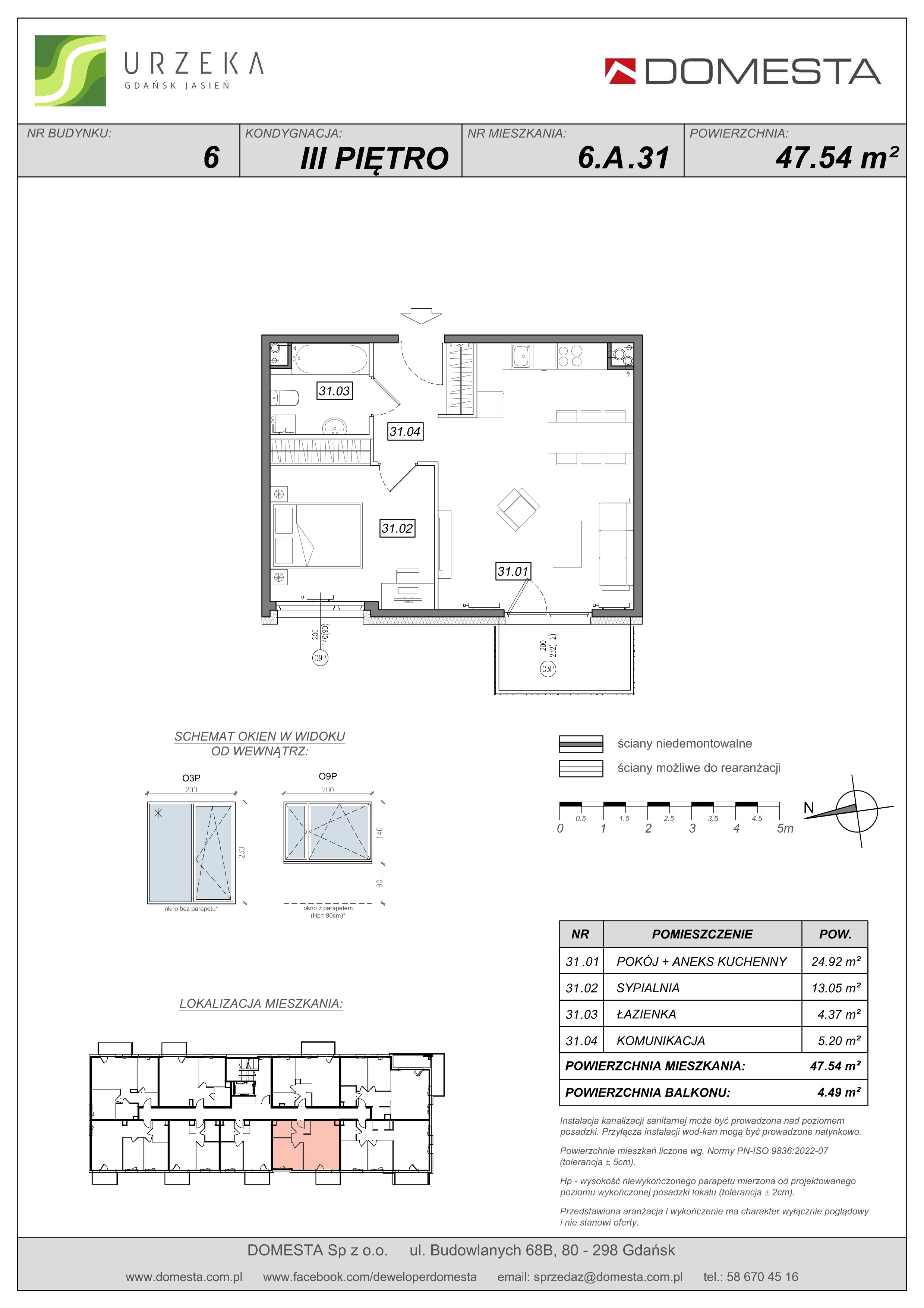2 pokoje, mieszkanie 47,54 m², piętro 3, oferta nr 6.A.31, Urzeka - budynek 6 , Gdańsk, Jasień, ul. Guderskiego / Czermińskiego