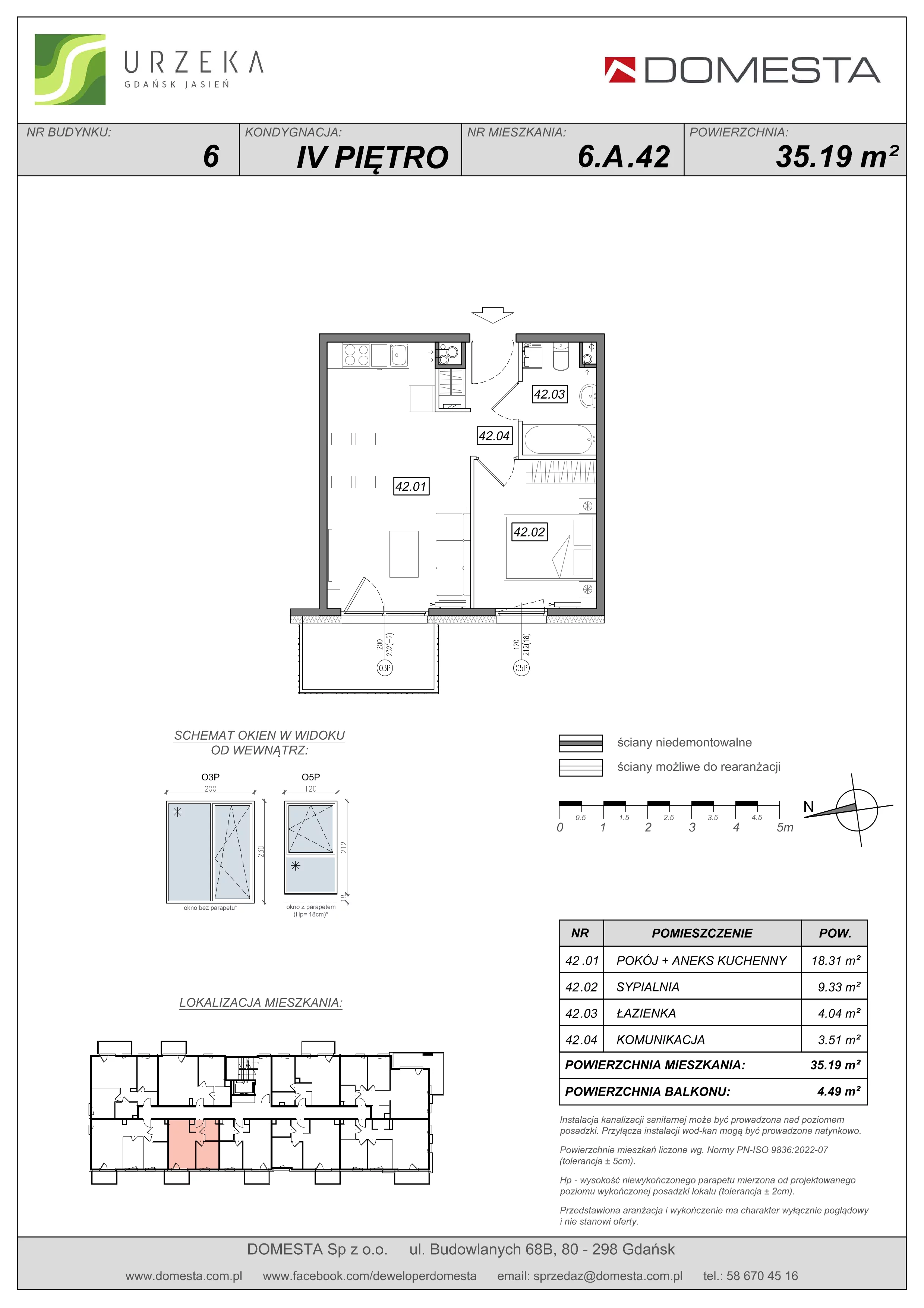 2 pokoje, mieszkanie 35,19 m², piętro 4, oferta nr 6.A.42, Urzeka - budynek 6 , Gdańsk, Jasień, ul. Guderskiego / Czermińskiego