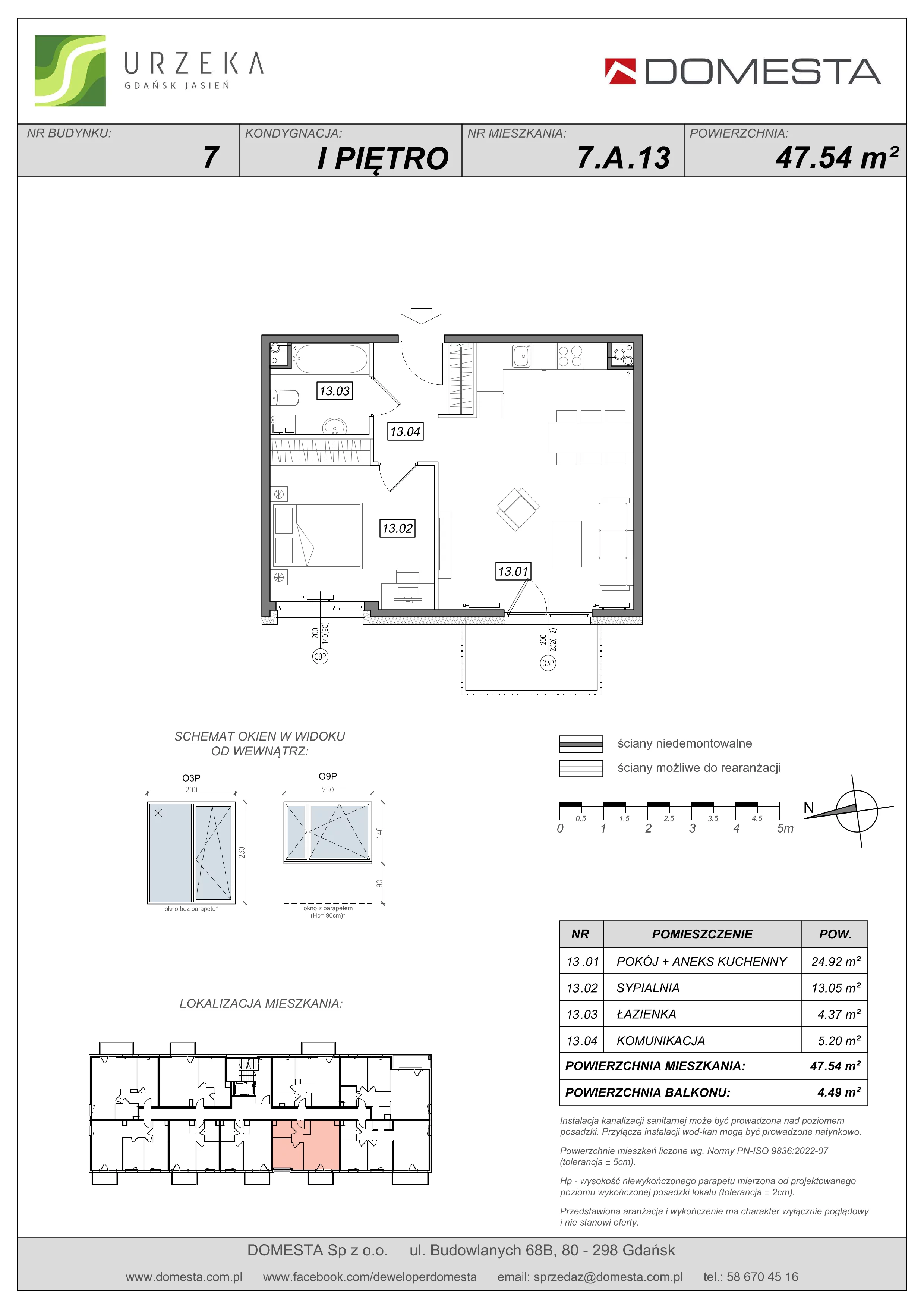 2 pokoje, mieszkanie 47,54 m², piętro 1, oferta nr 7.A.13, Urzeka - budynek 7, Gdańsk, Jasień, ul. Guderskiego / Czermińskiego