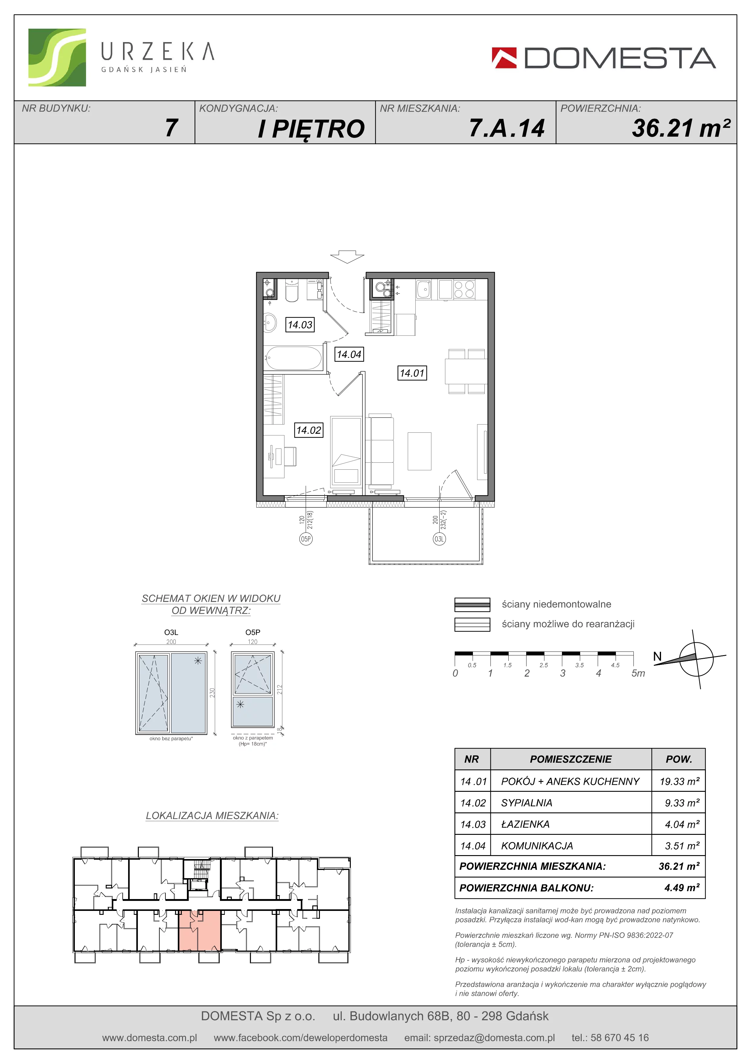 2 pokoje, mieszkanie 36,21 m², piętro 1, oferta nr 7.A.14, Urzeka - budynek 7, Gdańsk, Jasień, ul. Guderskiego / Czermińskiego