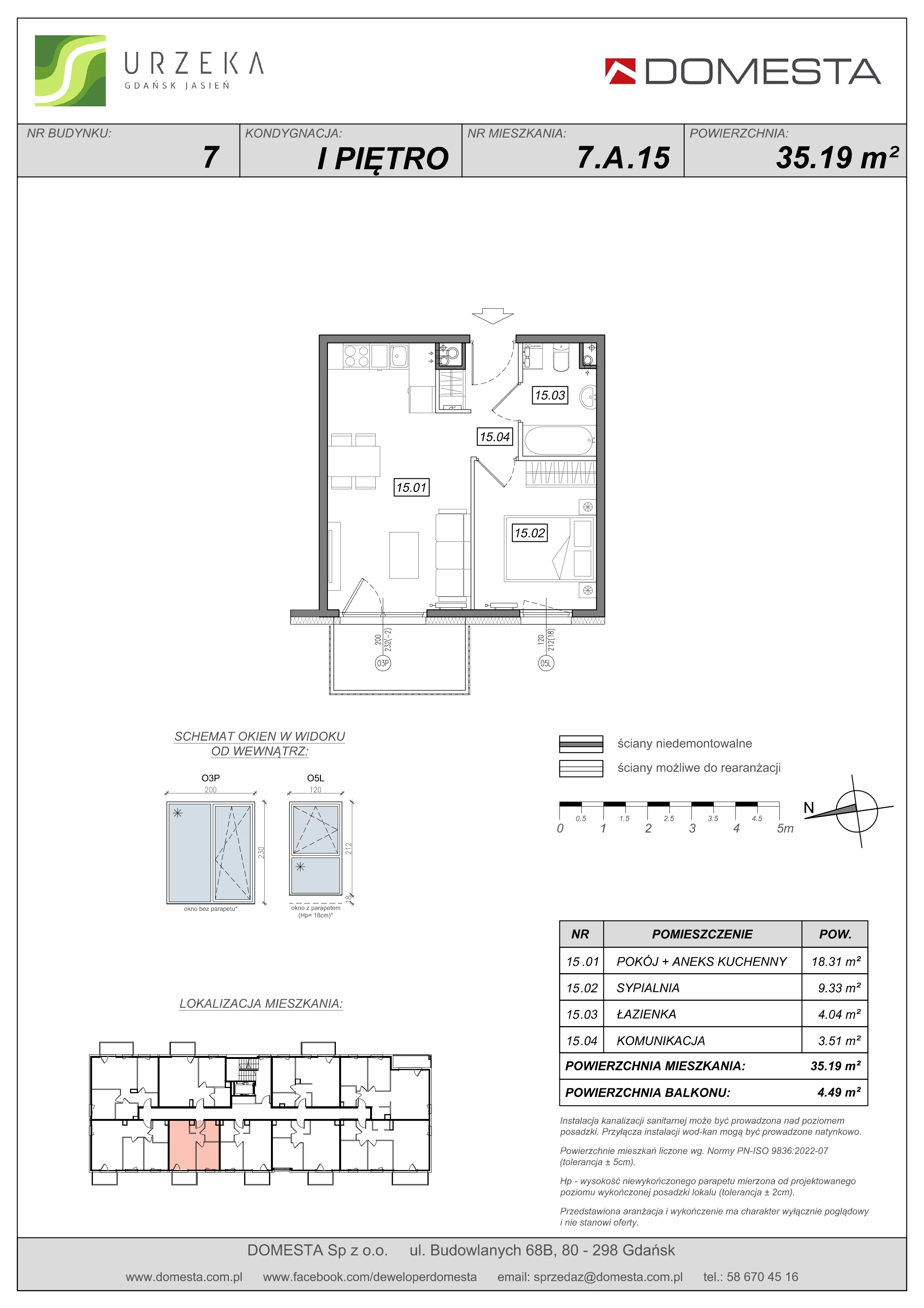 2 pokoje, mieszkanie 35,19 m², piętro 1, oferta nr 7.A.15, Urzeka - budynek 7, Gdańsk, Jasień, ul. Guderskiego / Czermińskiego