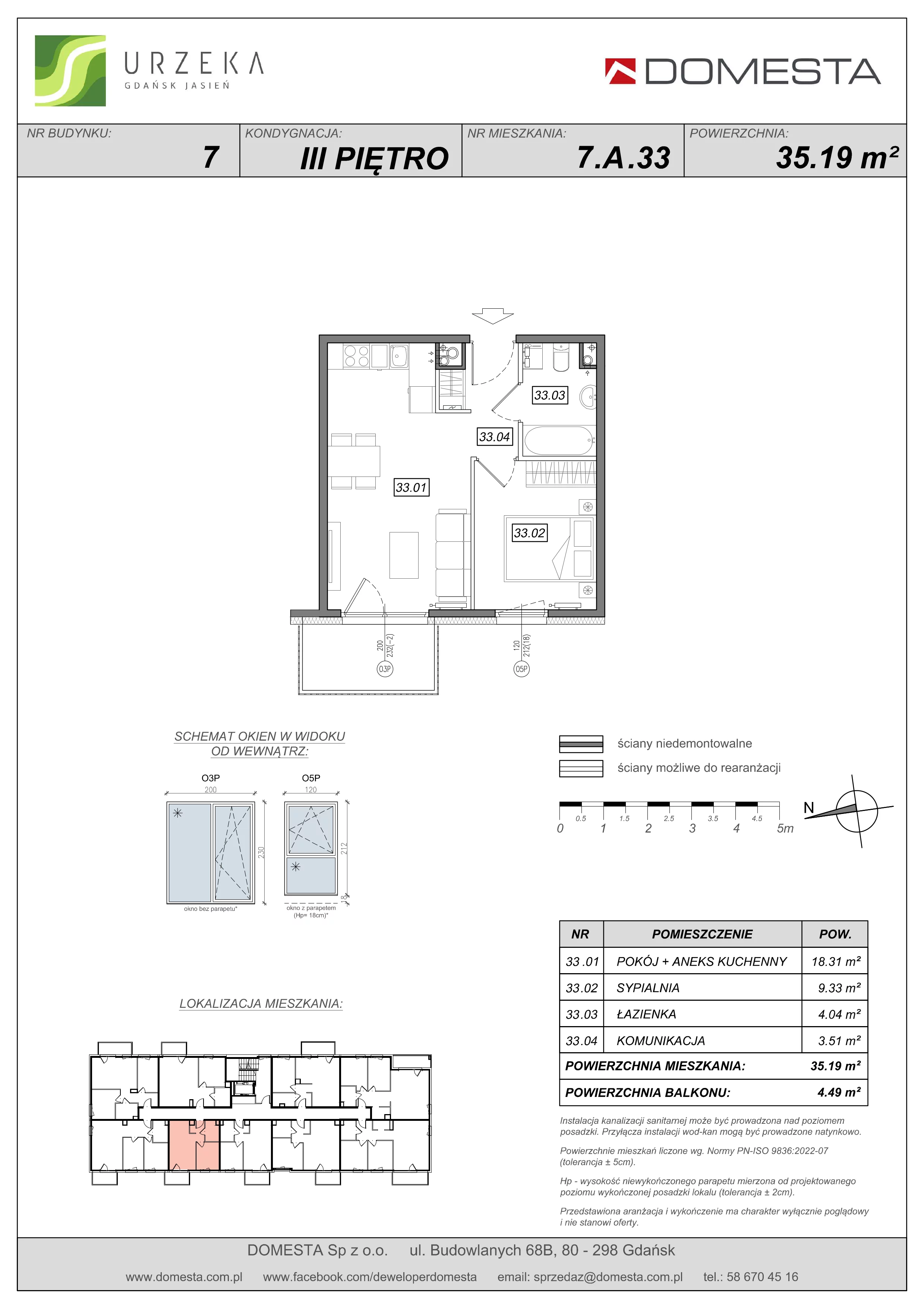 2 pokoje, mieszkanie 35,19 m², piętro 3, oferta nr 7.A.33, Urzeka - budynek 7, Gdańsk, Jasień, ul. Guderskiego / Czermińskiego