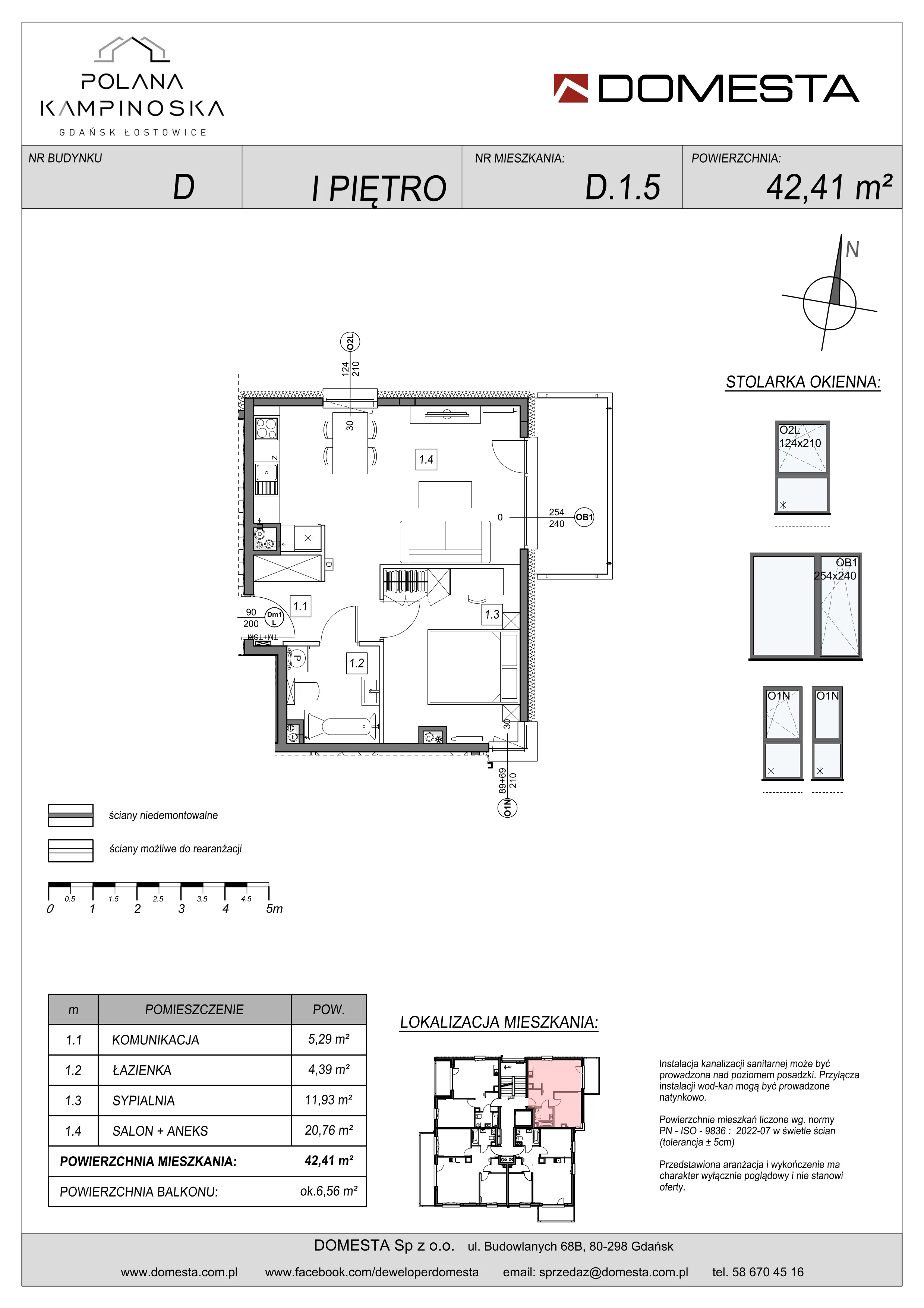 2 pokoje, mieszkanie 42,41 m², piętro 1, oferta nr D.1.5, Polana Kampinoska, Gdańsk, Ujeścisko-Łostowice, Łostowice, ul. Kampinoska