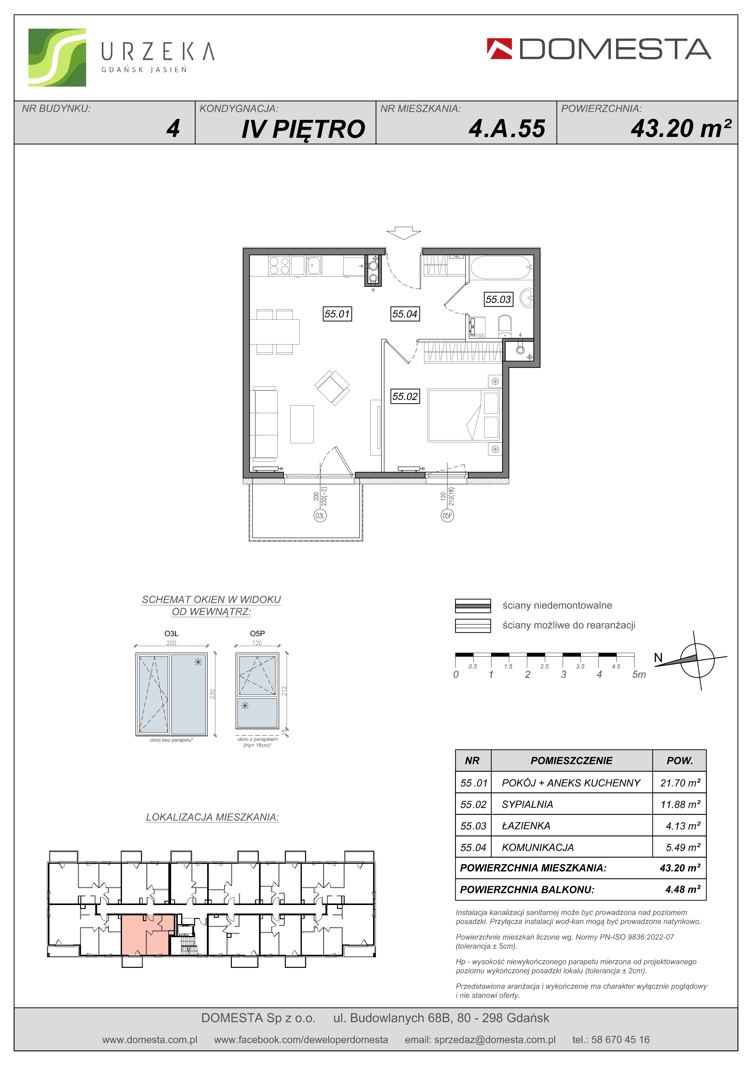 2 pokoje, apartament 43,20 m², piętro 4, oferta nr 4.A.55, Urzeka, Gdańsk, Jasień, ul. Guderskiego / Czermińskiego