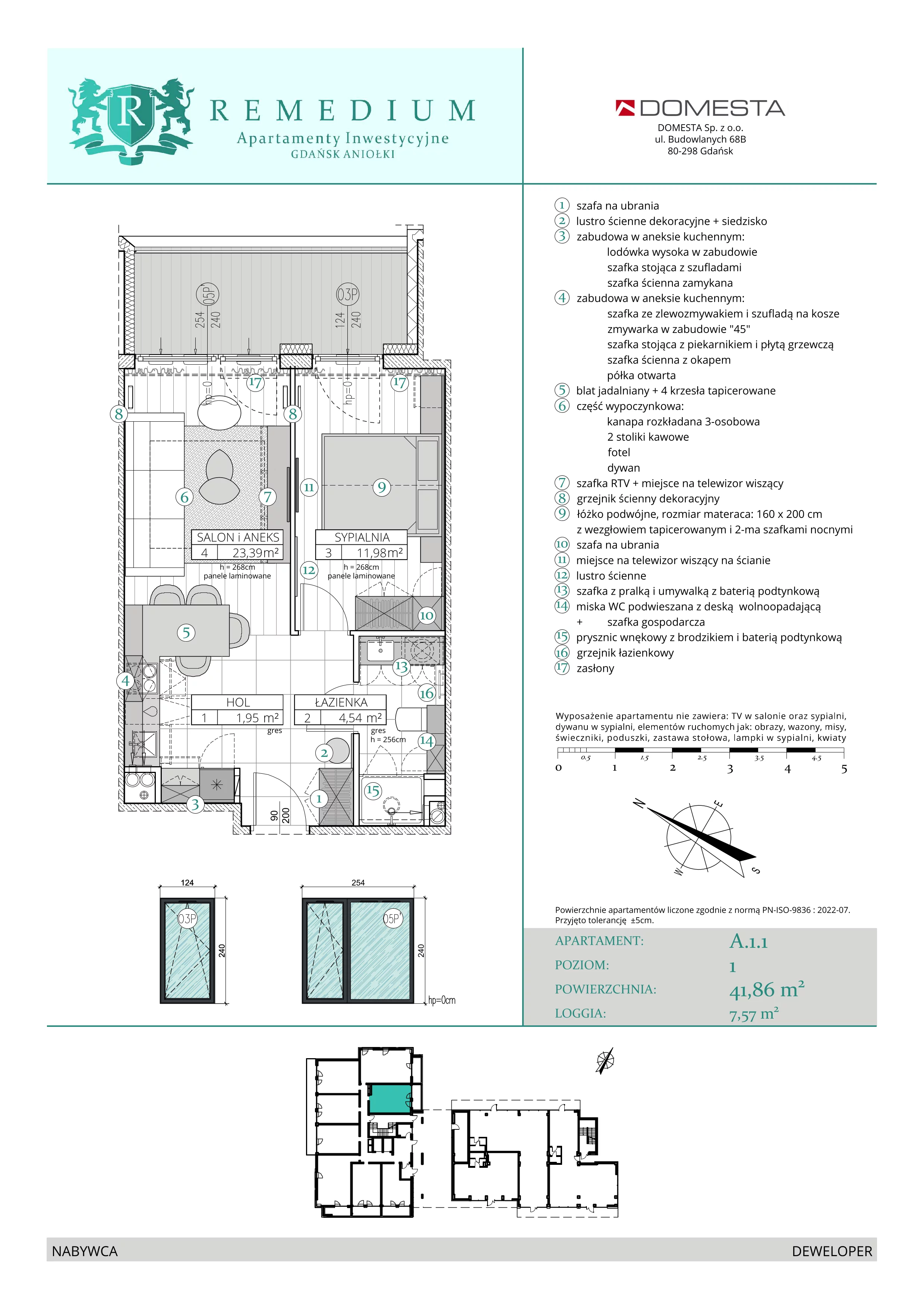 2 pokoje, apartament 41,86 m², parter, oferta nr A.1.1, Apartamenty Remedium, Gdańsk, Aniołki,  ul. Mariana Smoluchowskiego