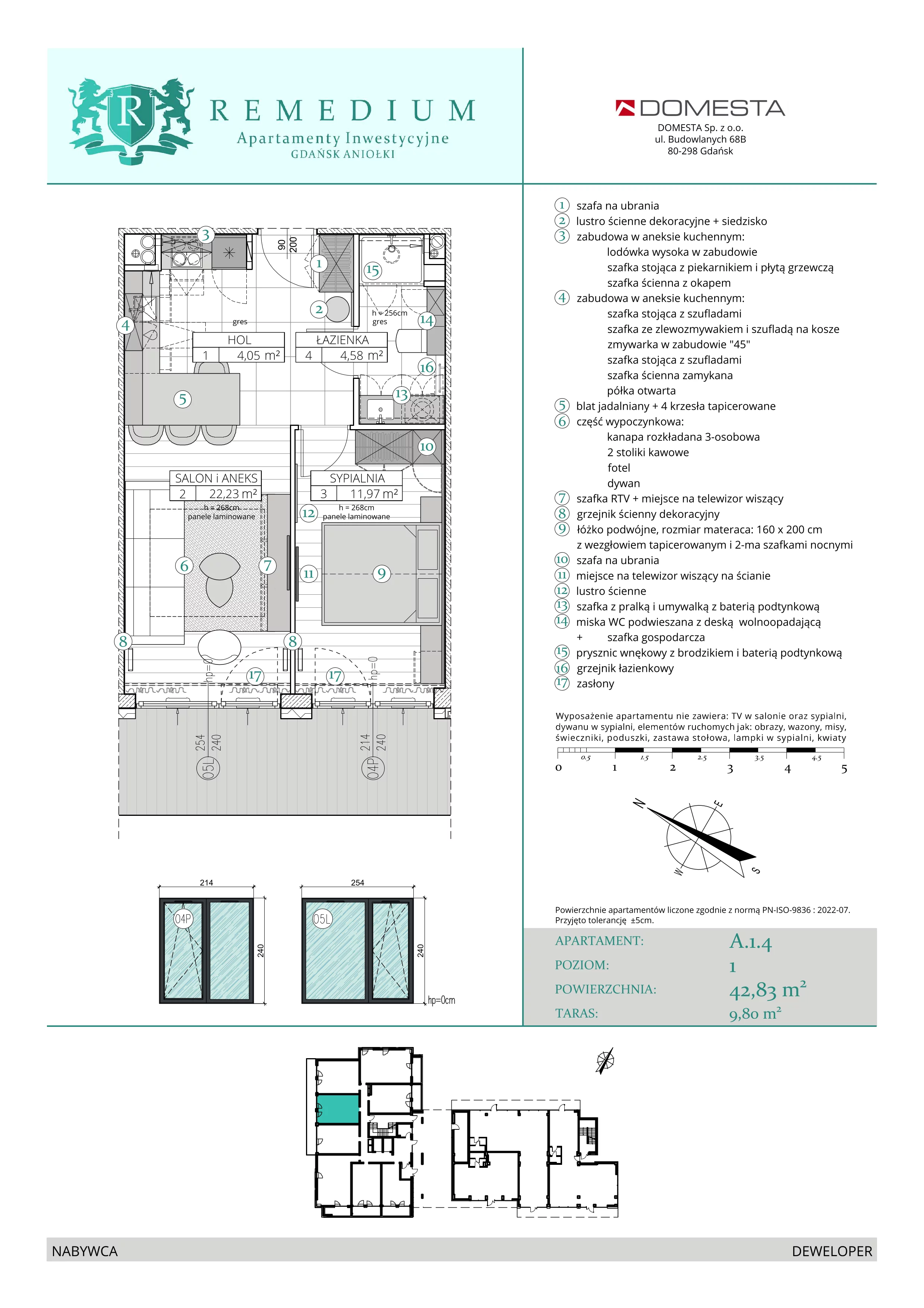 2 pokoje, apartament 42,83 m², parter, oferta nr A.1.4, Apartamenty Remedium, Gdańsk, Aniołki,  ul. Mariana Smoluchowskiego