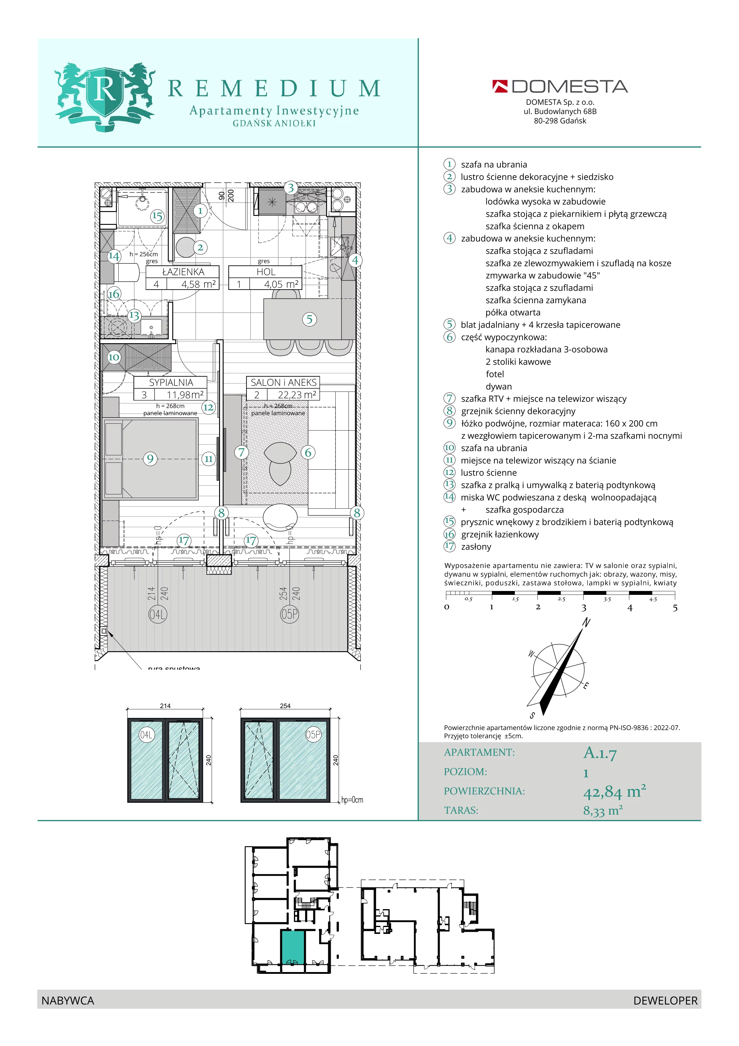 2 pokoje, apartament 42,84 m², parter, oferta nr A.1.7, Apartamenty Remedium, Gdańsk, Aniołki,  ul. Mariana Smoluchowskiego