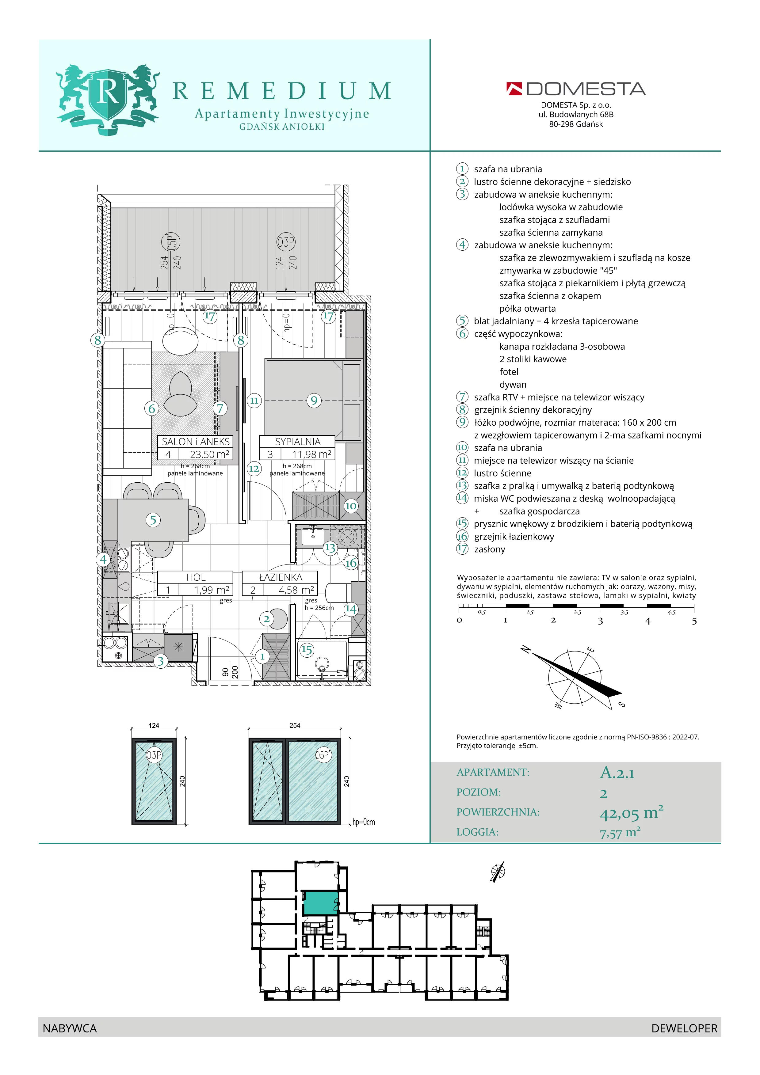 2 pokoje, apartament 42,05 m², piętro 1, oferta nr A.2.1, Apartamenty Remedium, Gdańsk, Aniołki,  ul. Mariana Smoluchowskiego