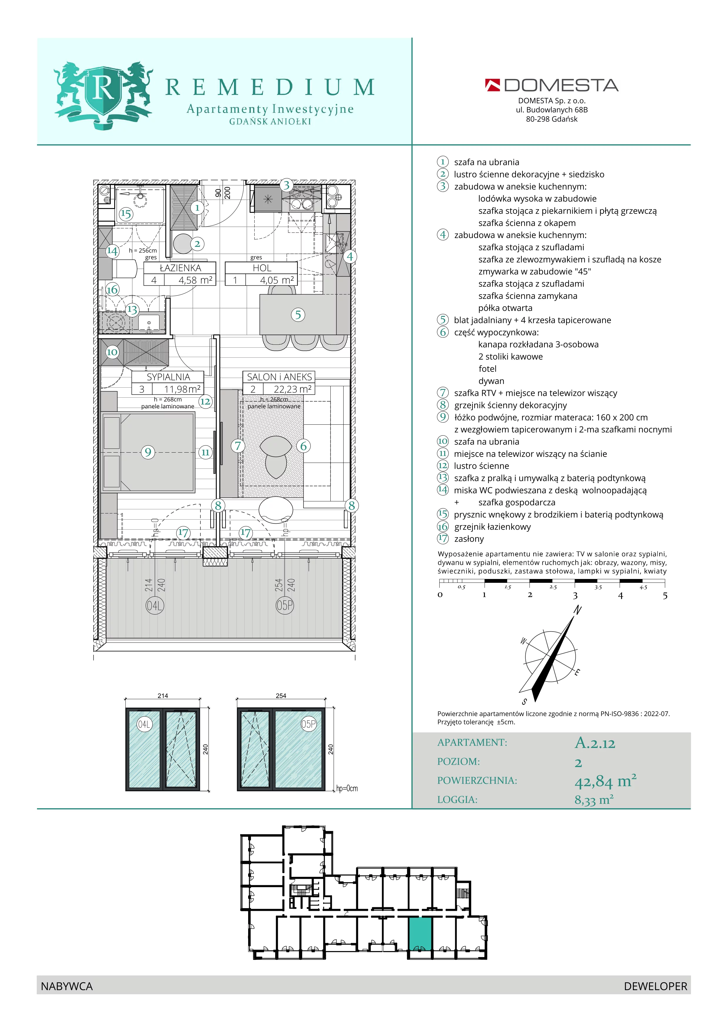 2 pokoje, apartament 42,84 m², piętro 1, oferta nr A.2.12, Apartamenty Remedium, Gdańsk, Aniołki,  ul. Mariana Smoluchowskiego