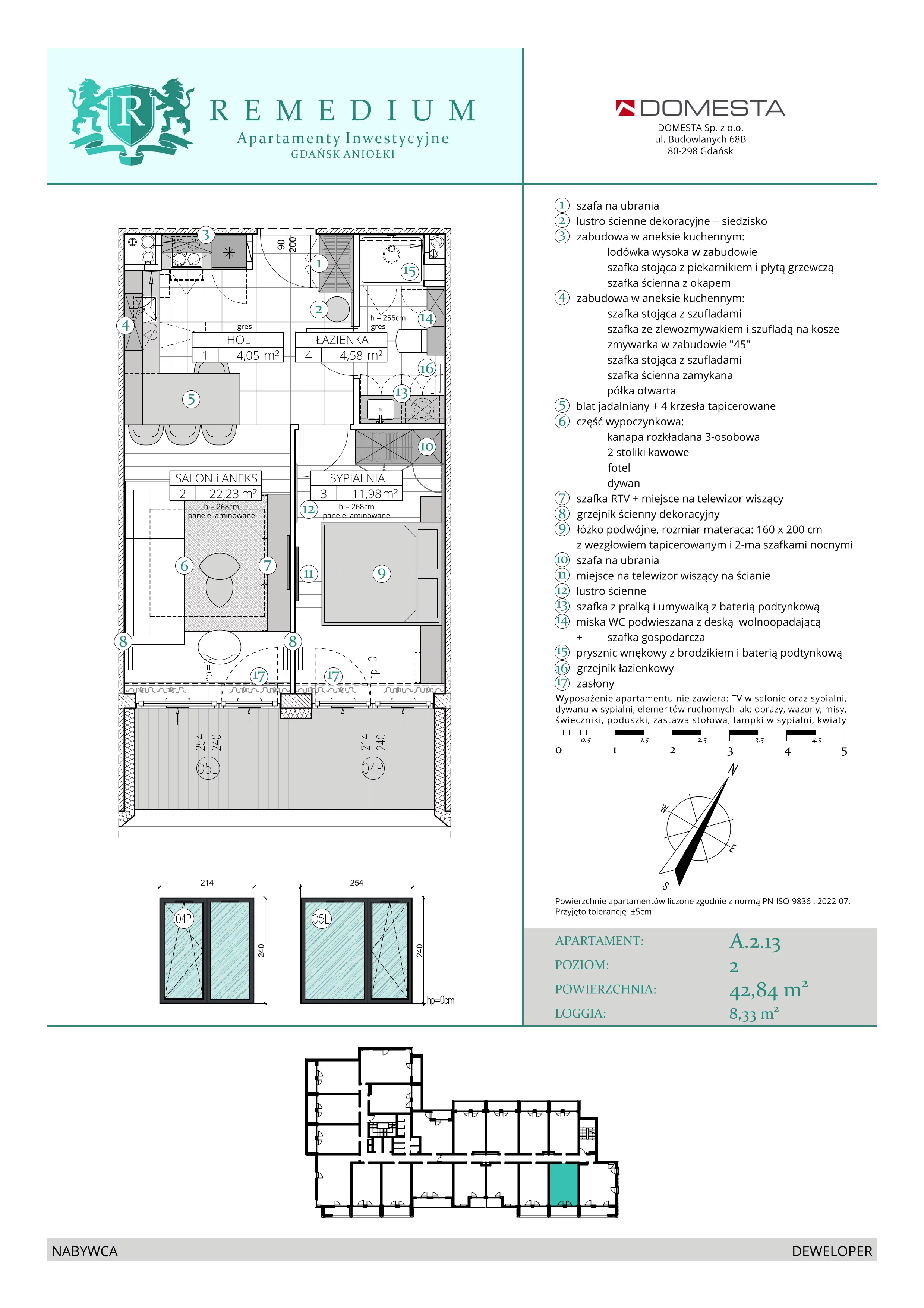 2 pokoje, apartament 42,84 m², piętro 1, oferta nr A.2.13, Apartamenty Remedium, Gdańsk, Aniołki,  ul. Mariana Smoluchowskiego