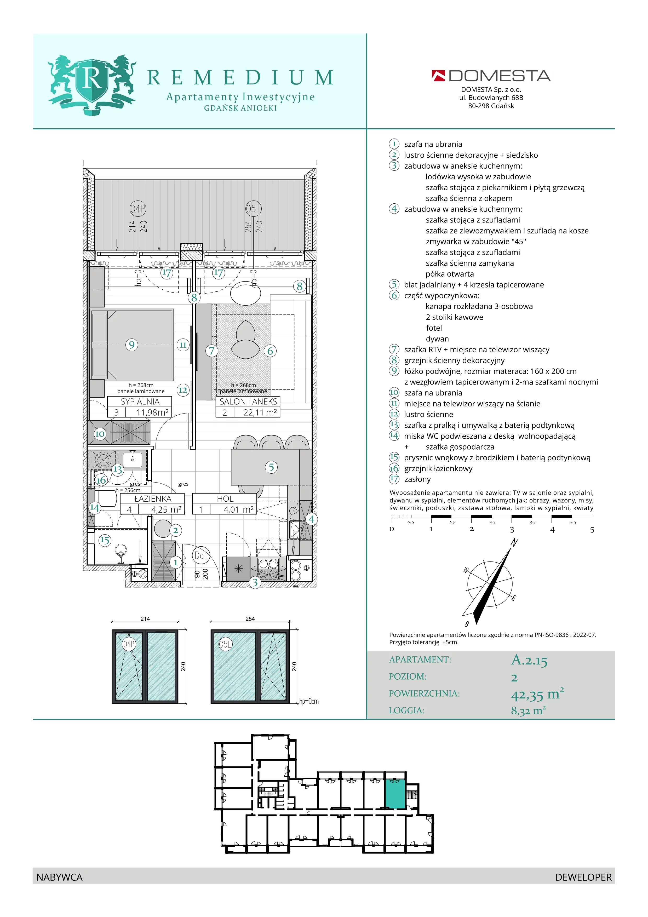 2 pokoje, apartament 42,35 m², piętro 1, oferta nr A.2.15, Apartamenty Remedium, Gdańsk, Aniołki,  ul. Mariana Smoluchowskiego