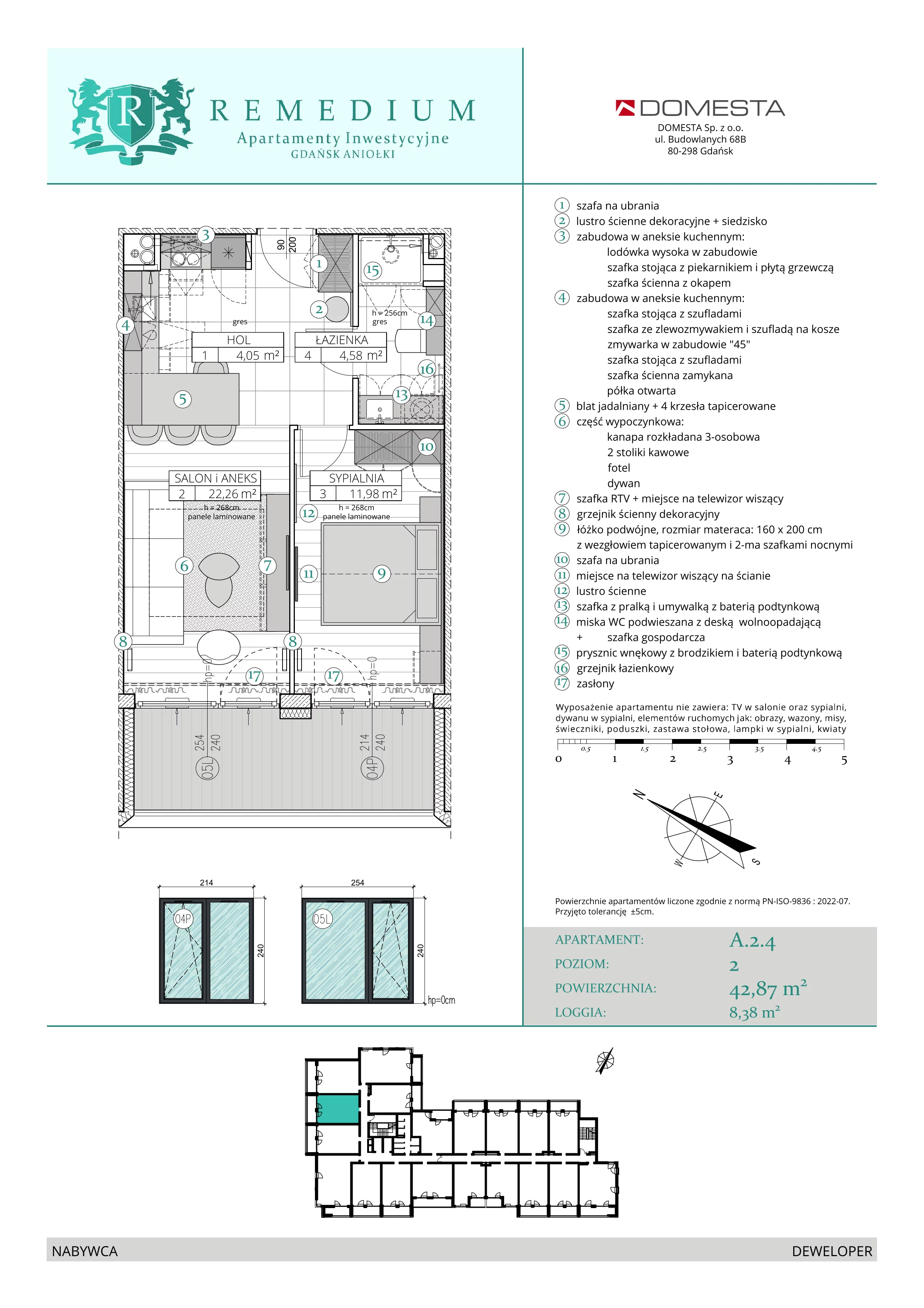 2 pokoje, apartament 42,84 m², piętro 1, oferta nr A.2.4, Apartamenty Remedium, Gdańsk, Aniołki,  ul. Mariana Smoluchowskiego