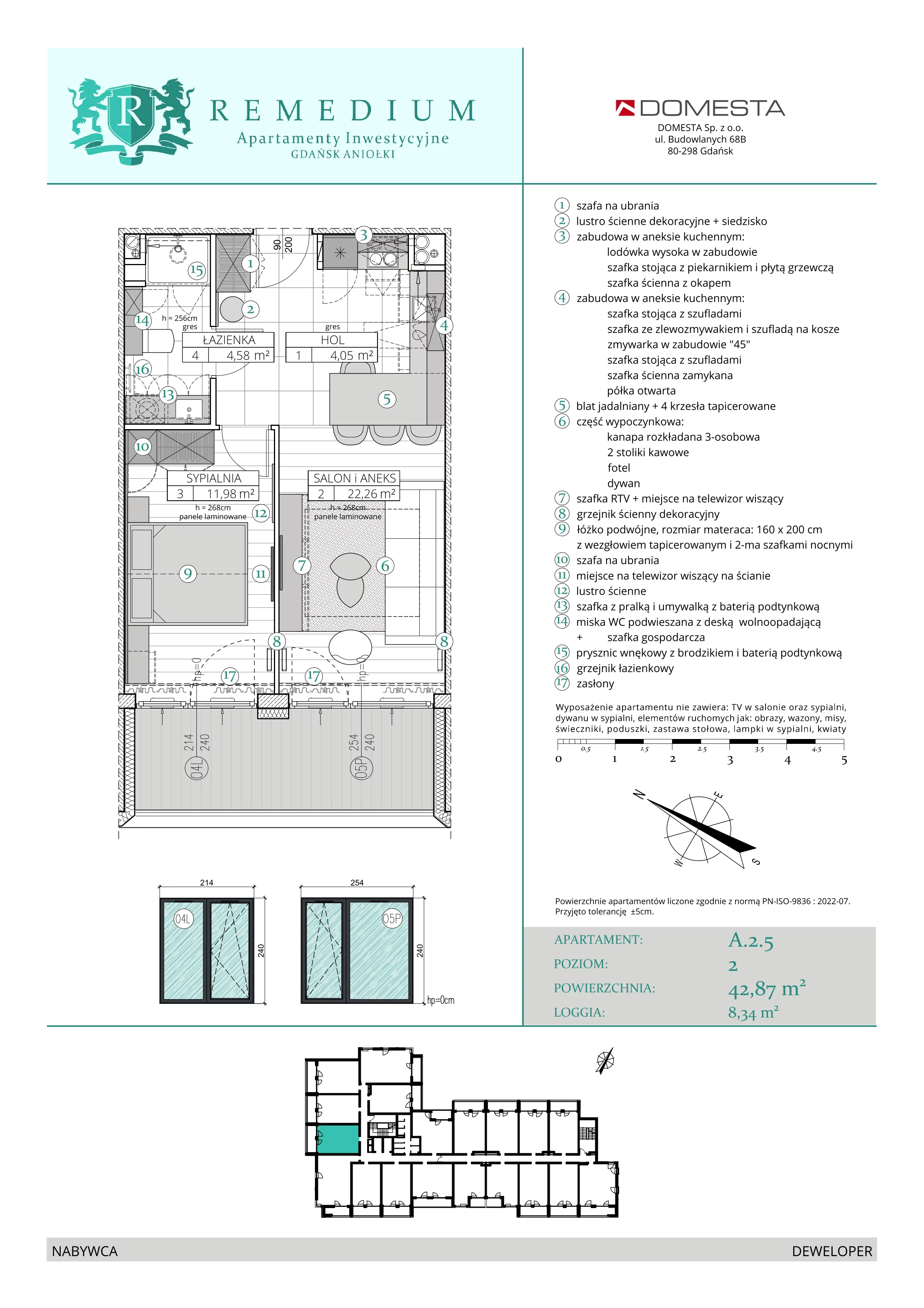 2 pokoje, apartament 42,84 m², piętro 1, oferta nr A.2.5, Apartamenty Remedium, Gdańsk, Aniołki,  ul. Mariana Smoluchowskiego